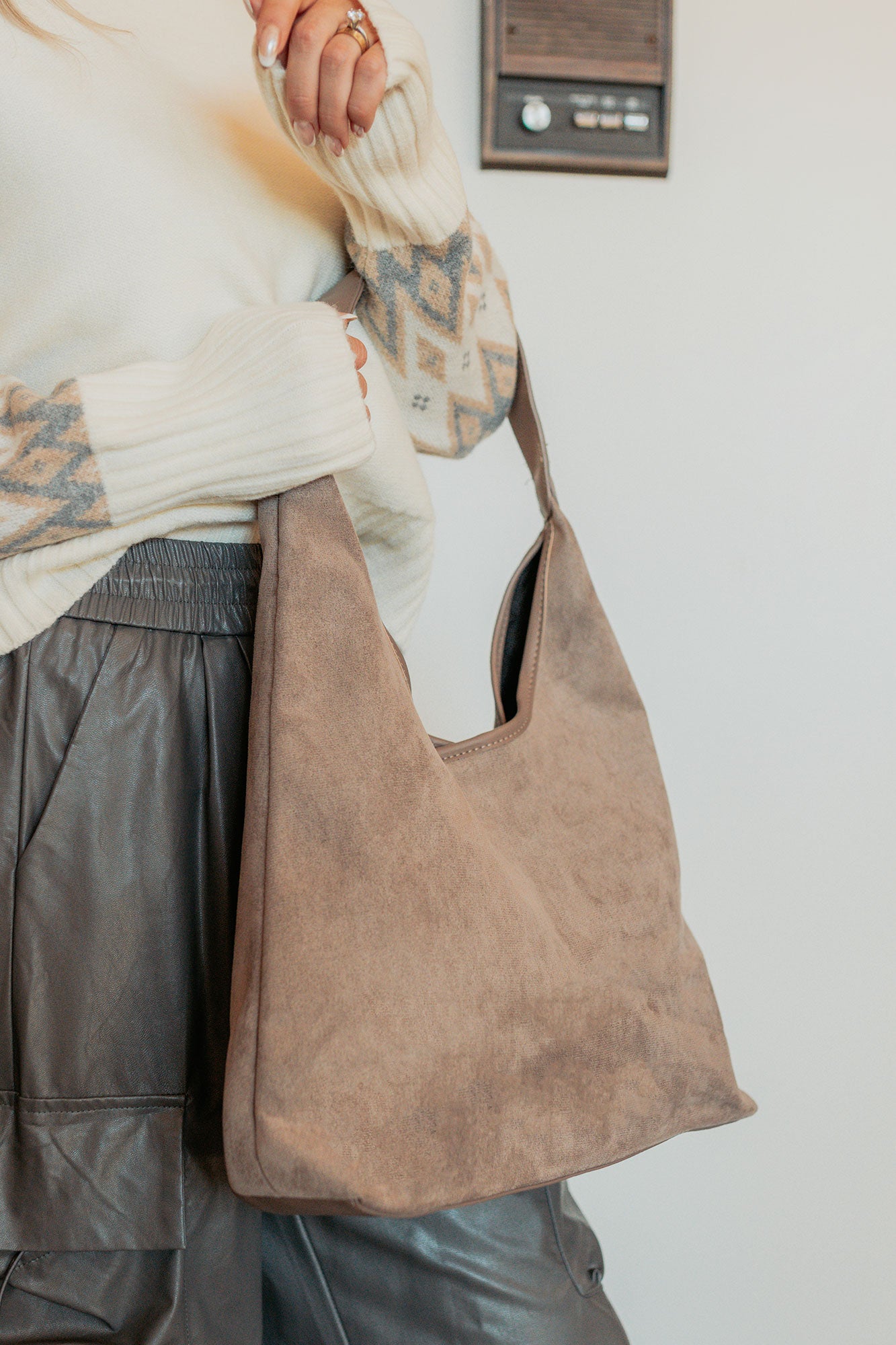 Plain Spoken Faux Suede Leather Trim Bag (Khaki)-The Formal Wear