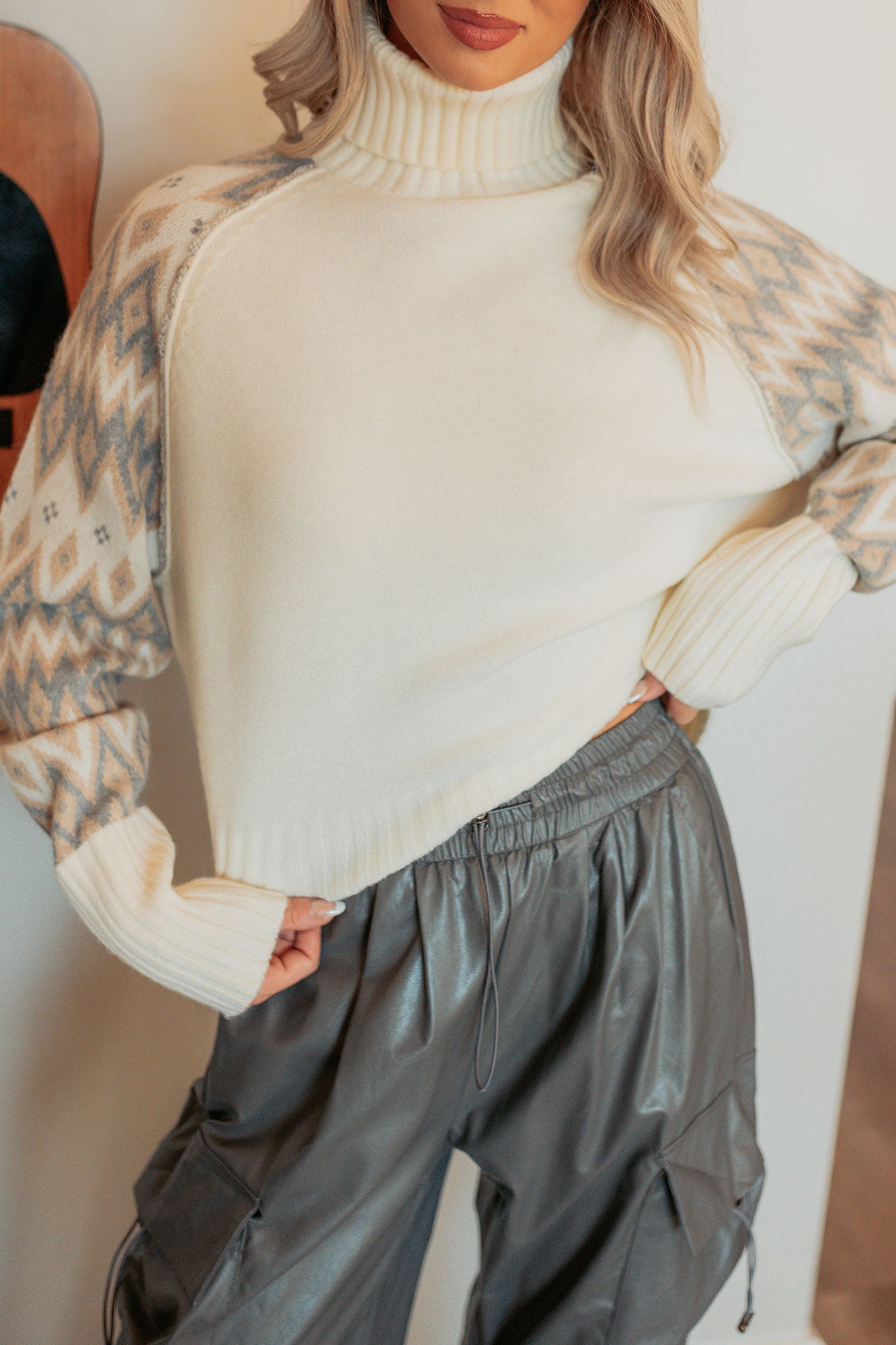 New Horizons Abstract Turtle Neck Sweater (Cream)-The Formal Wear