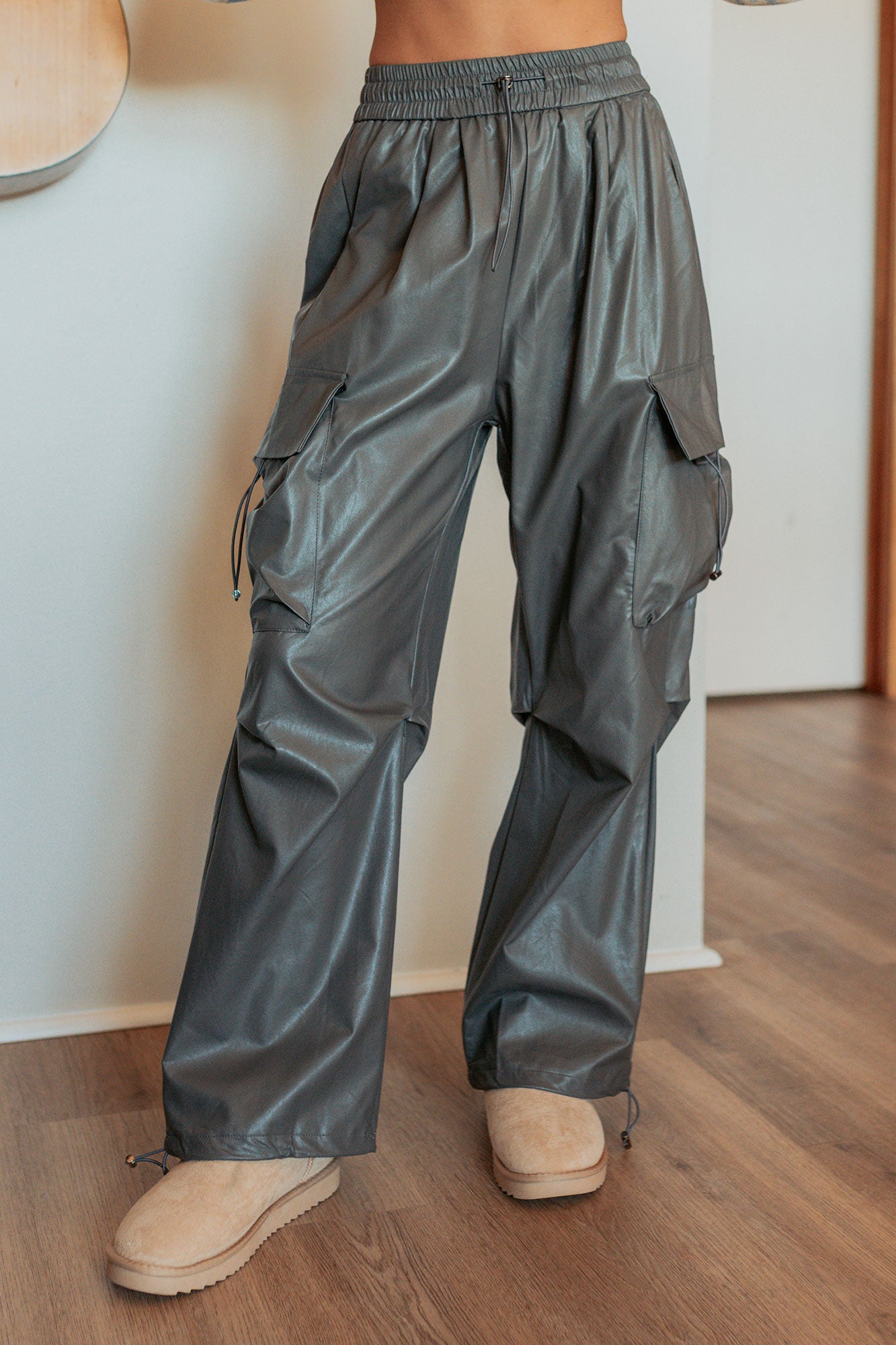 Don't Be Shy Faux Leather Cargo Pants (Grey)-The Formal Wear