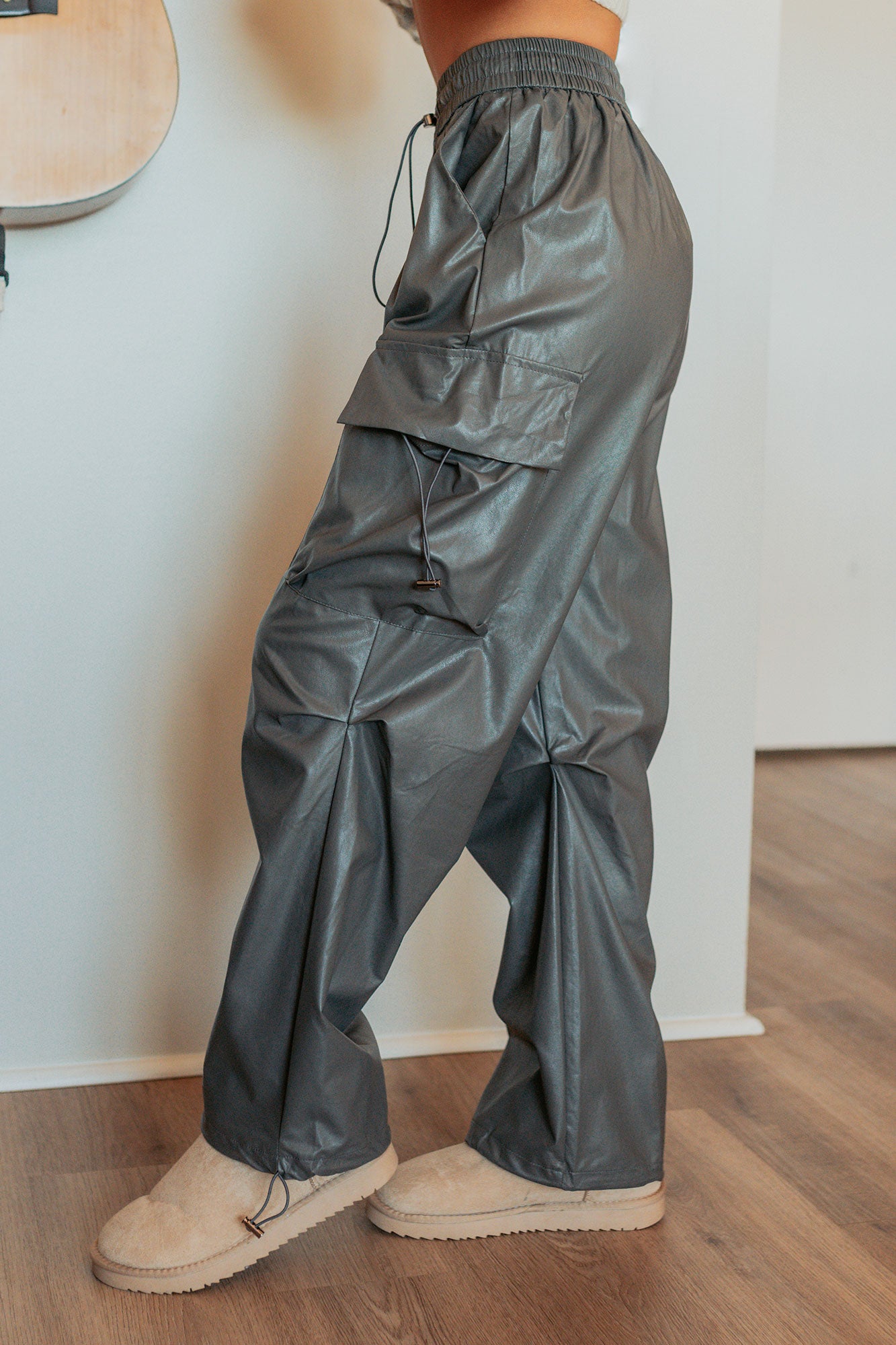 Don't Be Shy Faux Leather Cargo Pants (Grey)-The Formal Wear