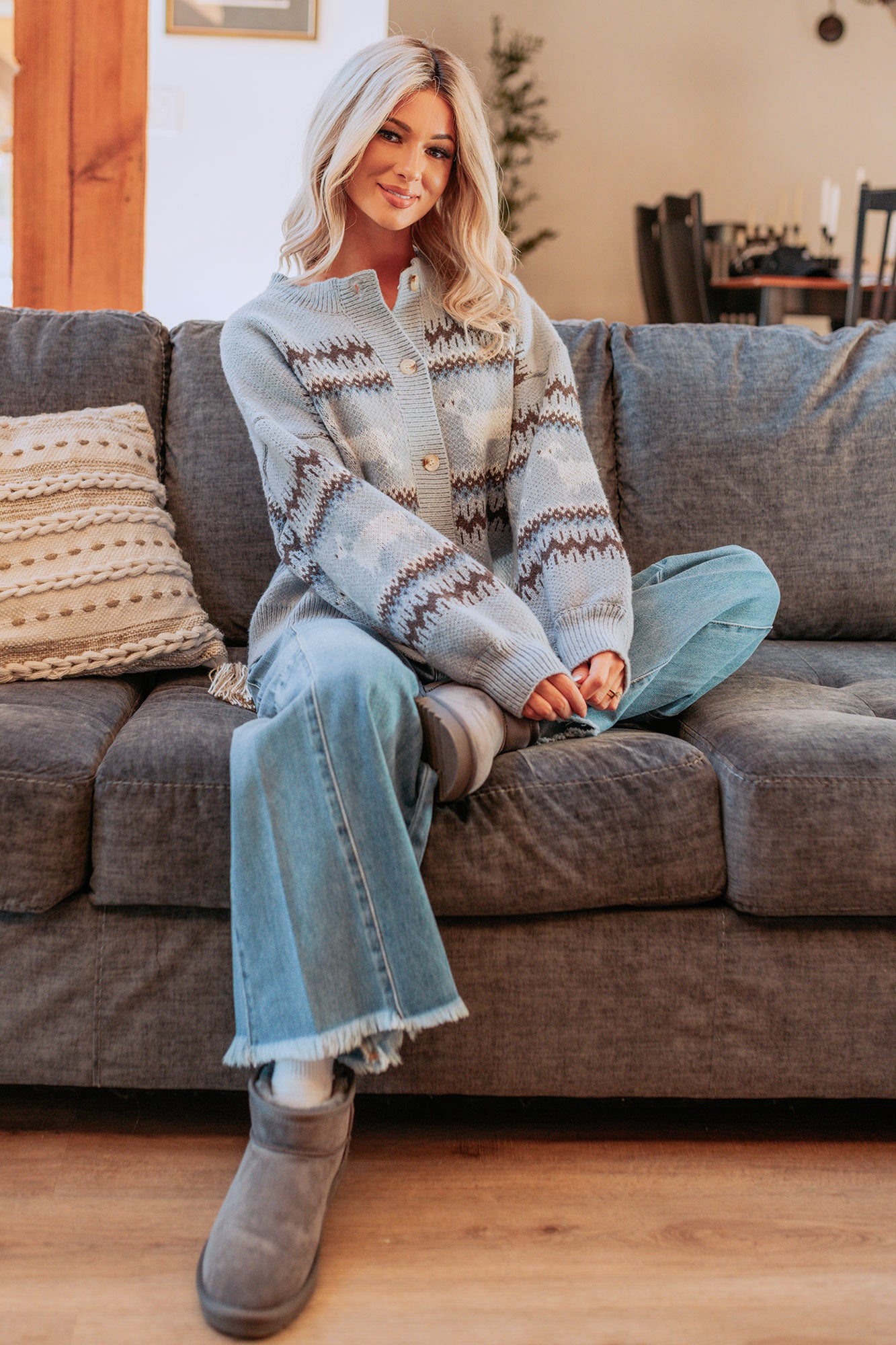 True Living Fair Isle Pattern Cardigan (Light Blue)-The Formal Wear