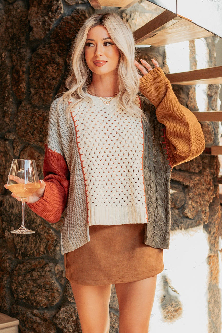 Under Wraps Cable Knit Color Block Sweater (Rust/Multi)-The Formal Wear