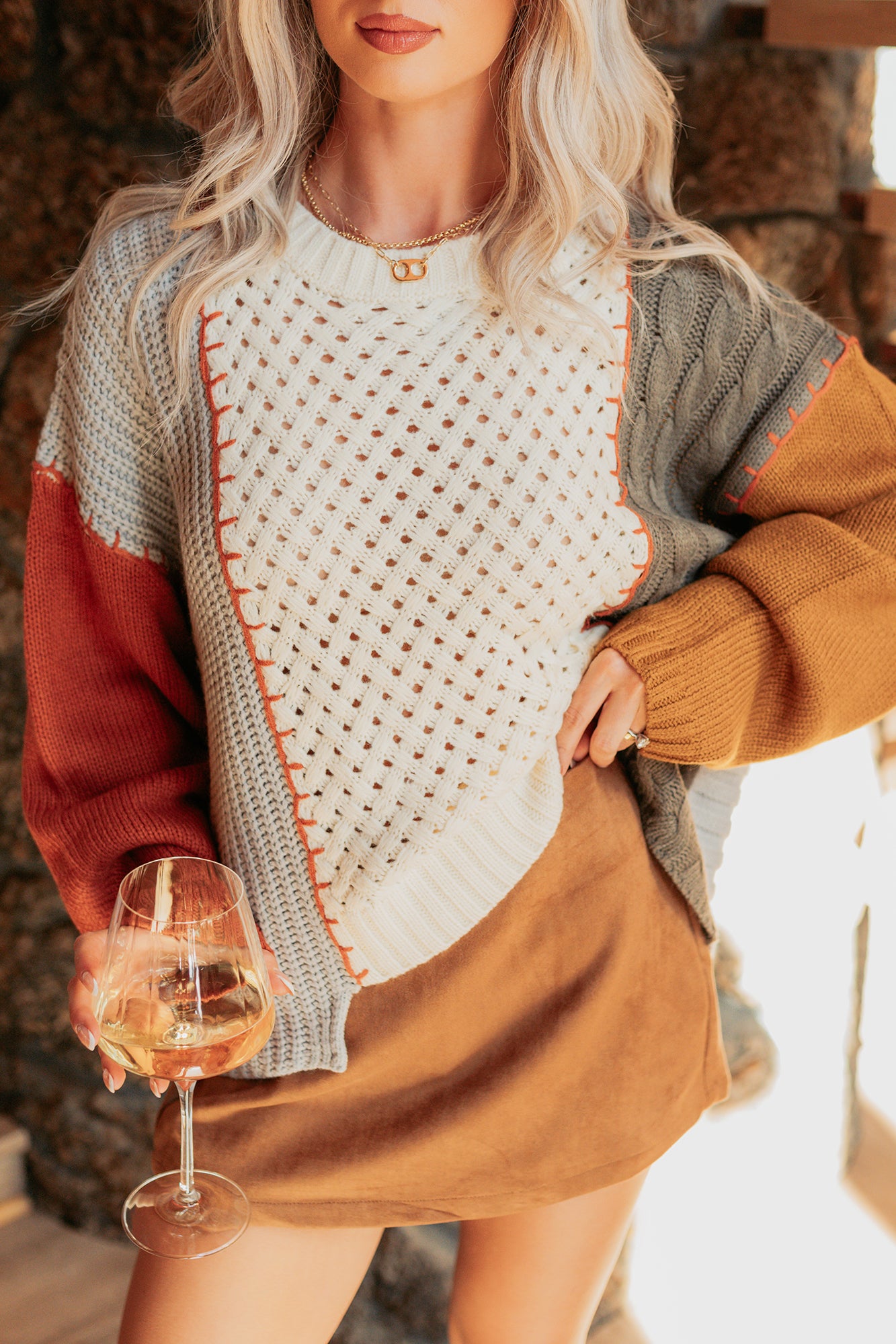 Under Wraps Cable Knit Color Block Sweater (Rust/Multi)-The Formal Wear