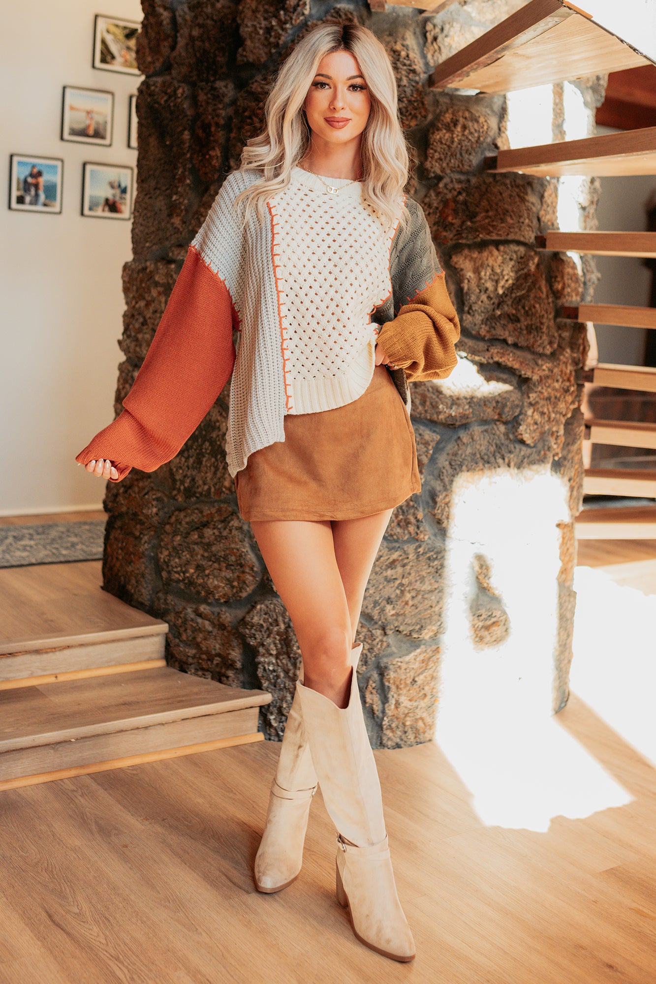 Under Wraps Cable Knit Color Block Sweater (Rust/Multi)-The Formal Wear