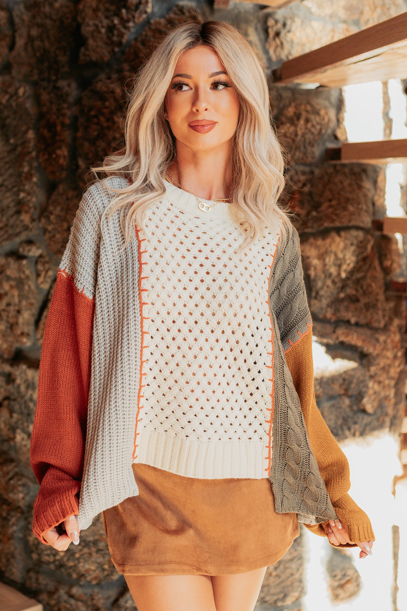 Under Wraps Cable Knit Color Block Sweater (Rust/Multi)-The Formal Wear