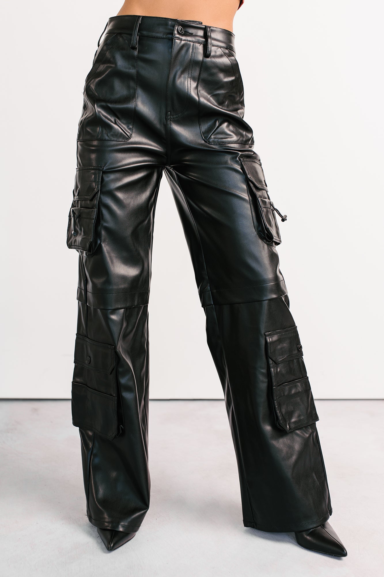 Burke Faux Leather Wide Leg Cargo Pants (Black)-The Formal Wear