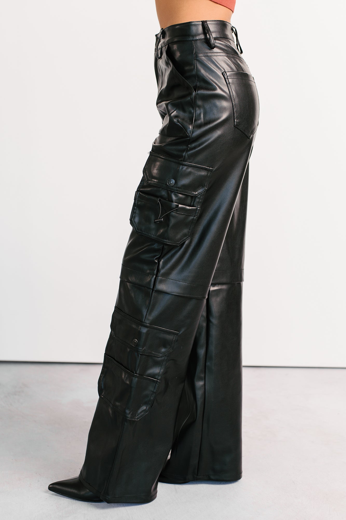 Burke Faux Leather Wide Leg Cargo Pants (Black)-The Formal Wear