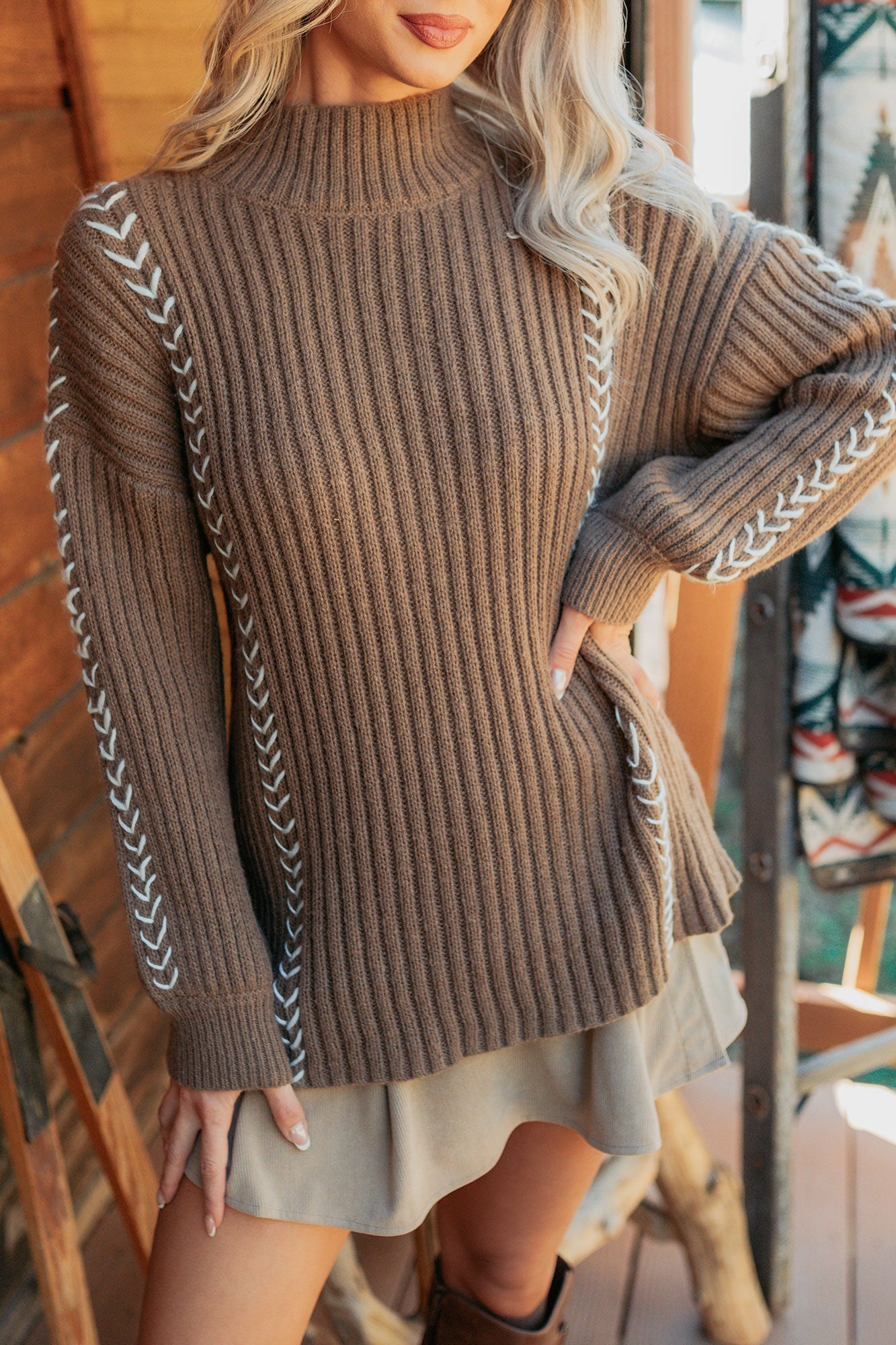 Down Time Stitch Detail Cable Knit Sweater (Brown)-The Formal Wear