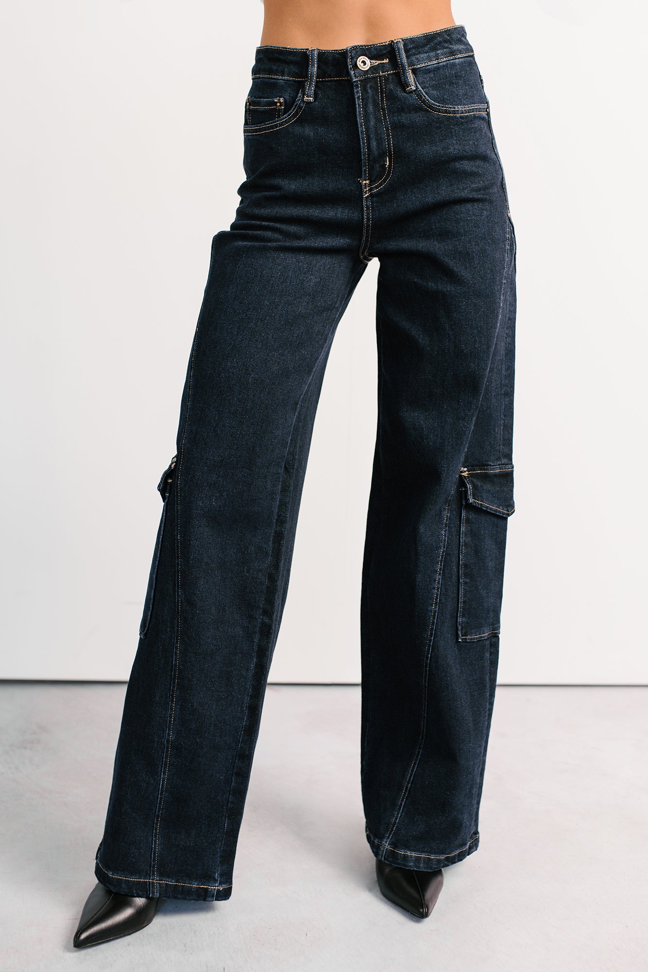 Crosby Wide Leg Mica Denim Cargo Jeans (Dark Wash)-The Formal Wear