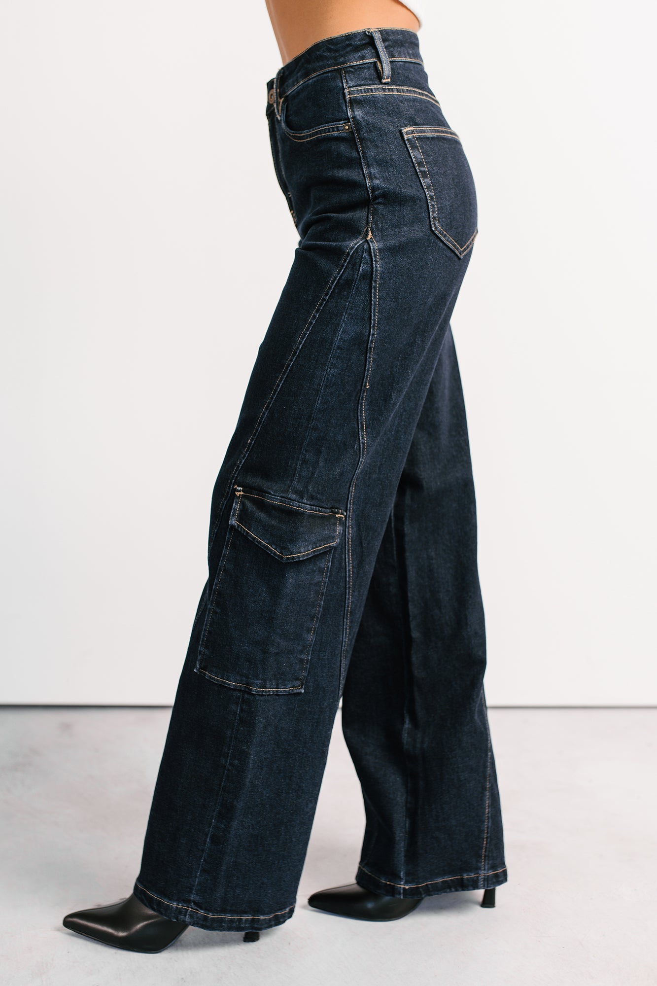 Crosby Wide Leg Mica Denim Cargo Jeans (Dark Wash)-The Formal Wear