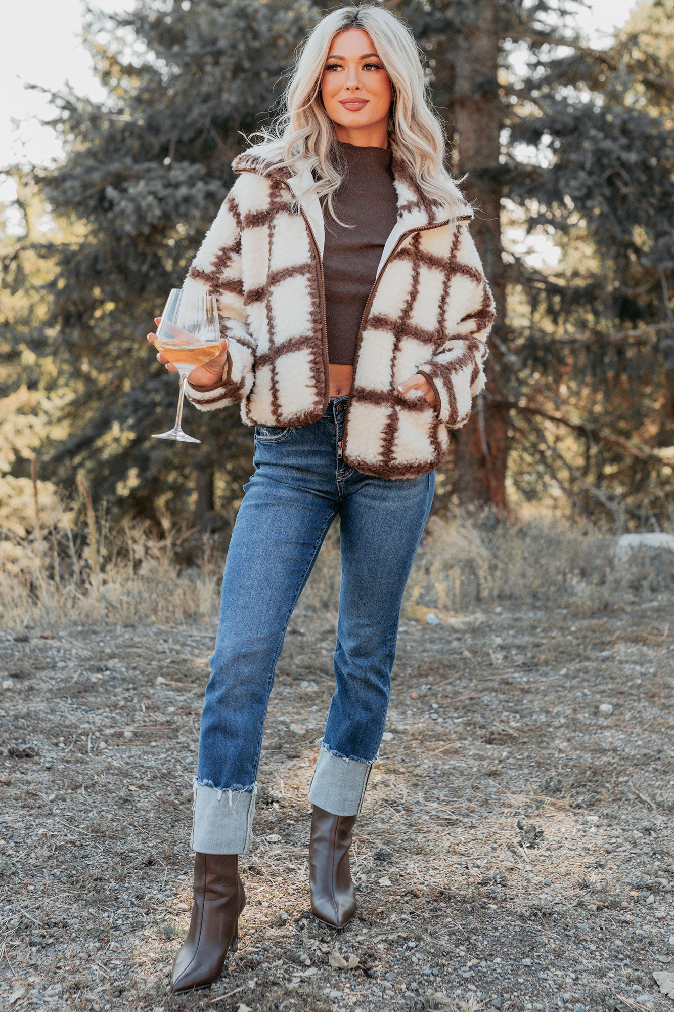 Cozy Carols Check Print Fleece Jacket (Cream/Chocolate)-The Formal Wear