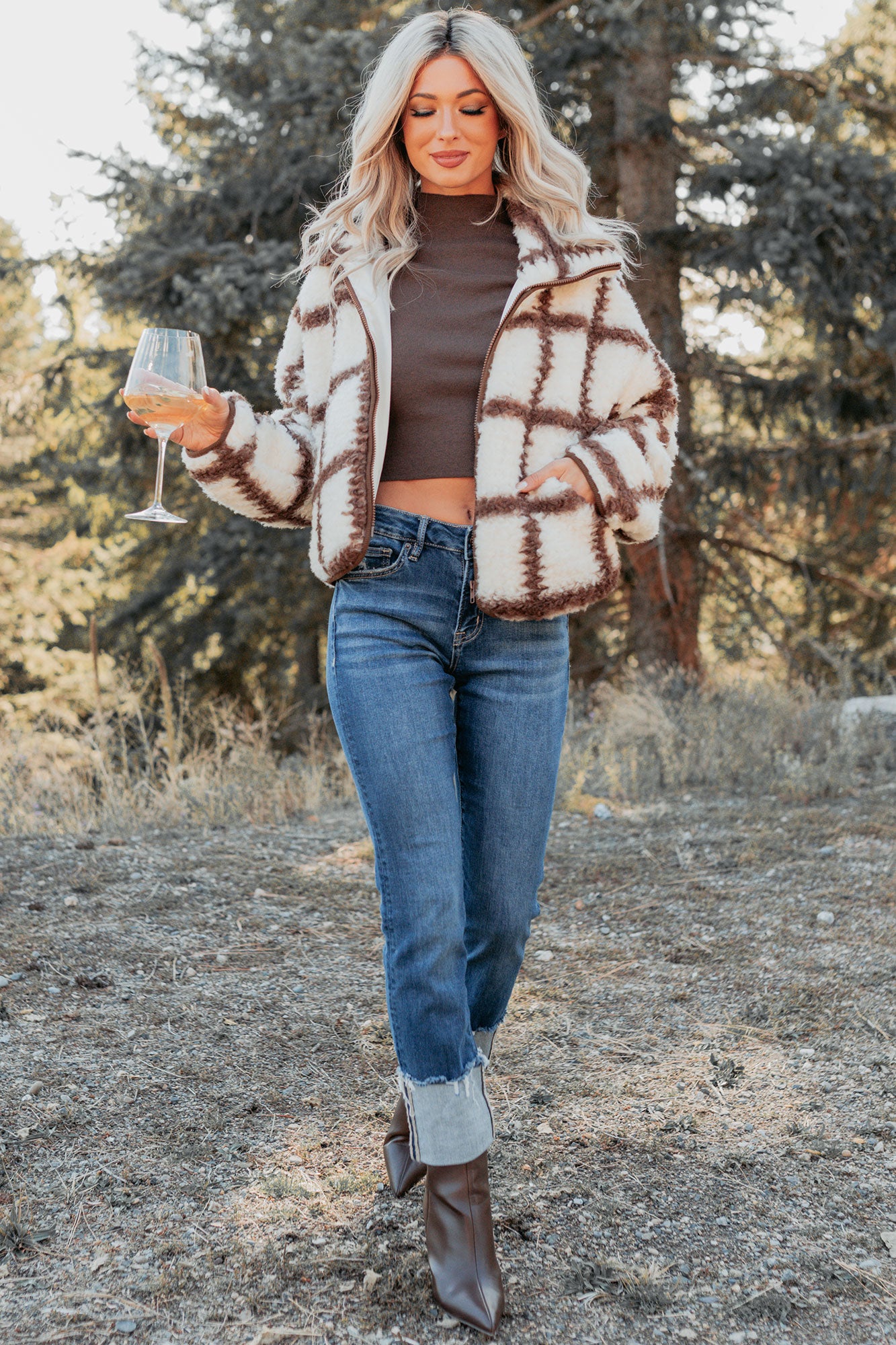 Cozy Carols Check Print Fleece Jacket (Cream/Chocolate)-The Formal Wear