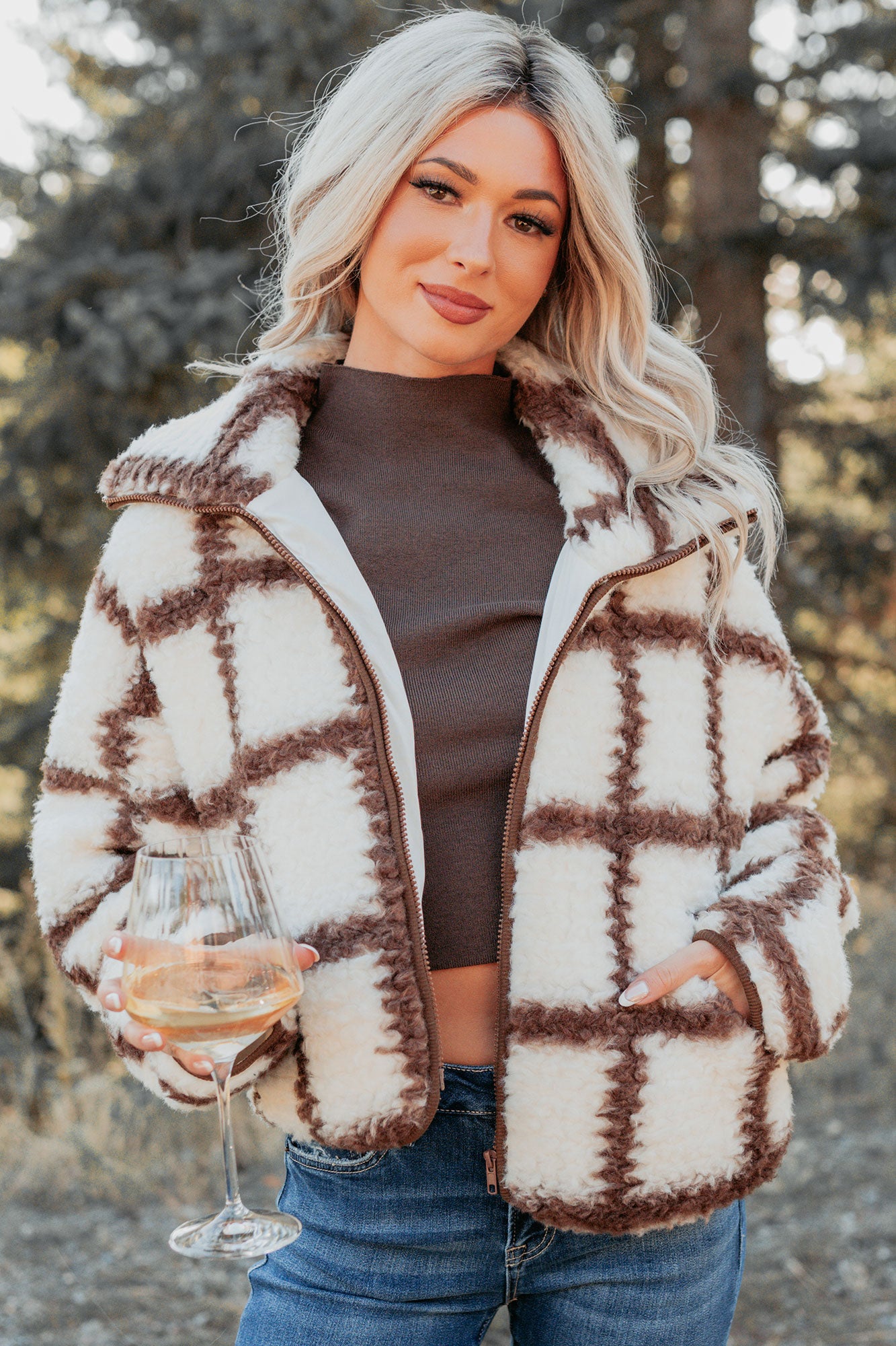 Cozy Carols Check Print Fleece Jacket (Cream/Chocolate)-The Formal Wear