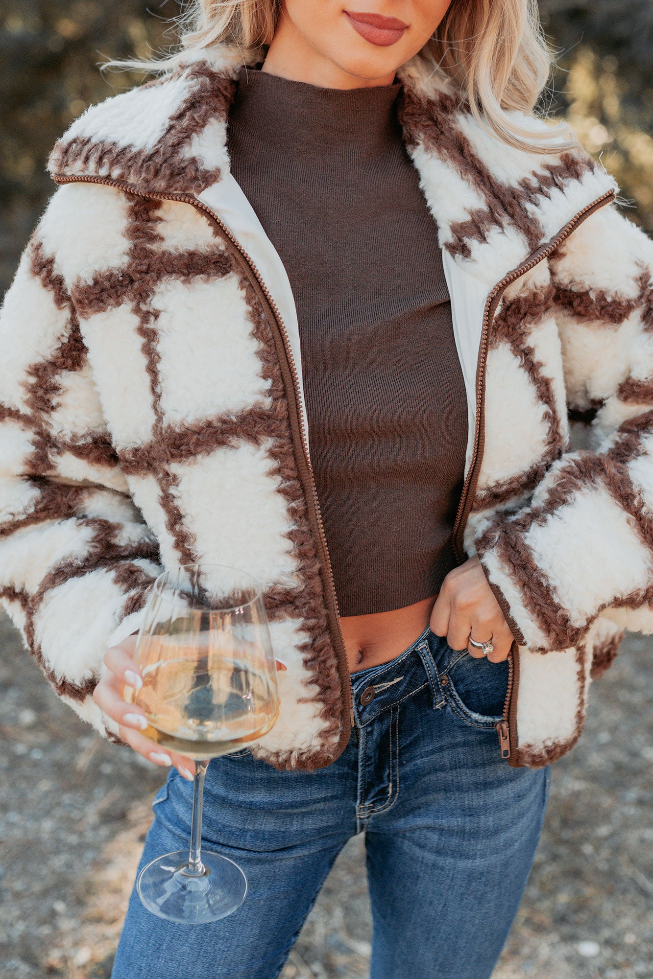 Cozy Carols Check Print Fleece Jacket (Cream/Chocolate)-The Formal Wear