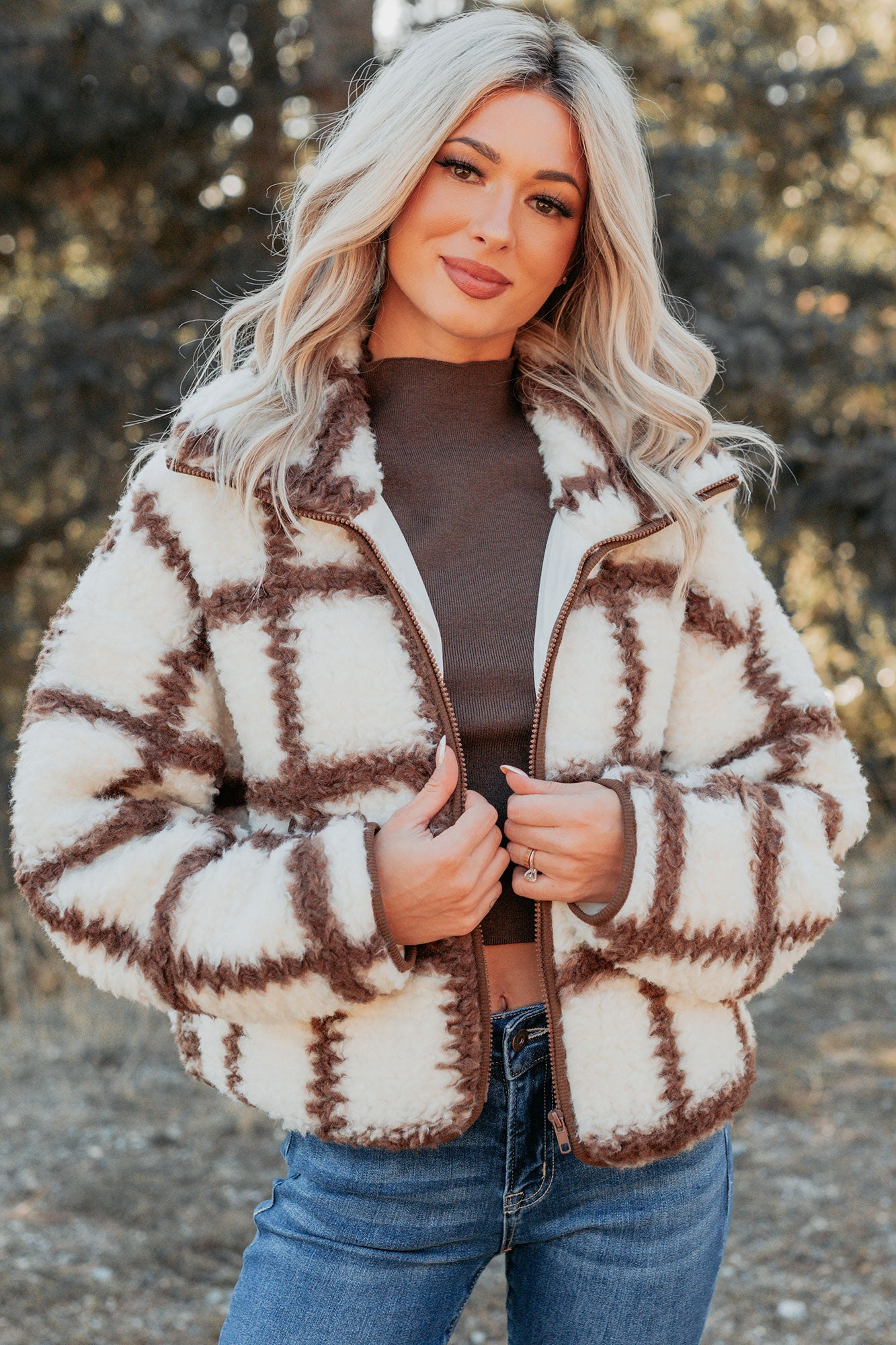 Cozy Carols Check Print Fleece Jacket (Cream/Chocolate)-The Formal Wear