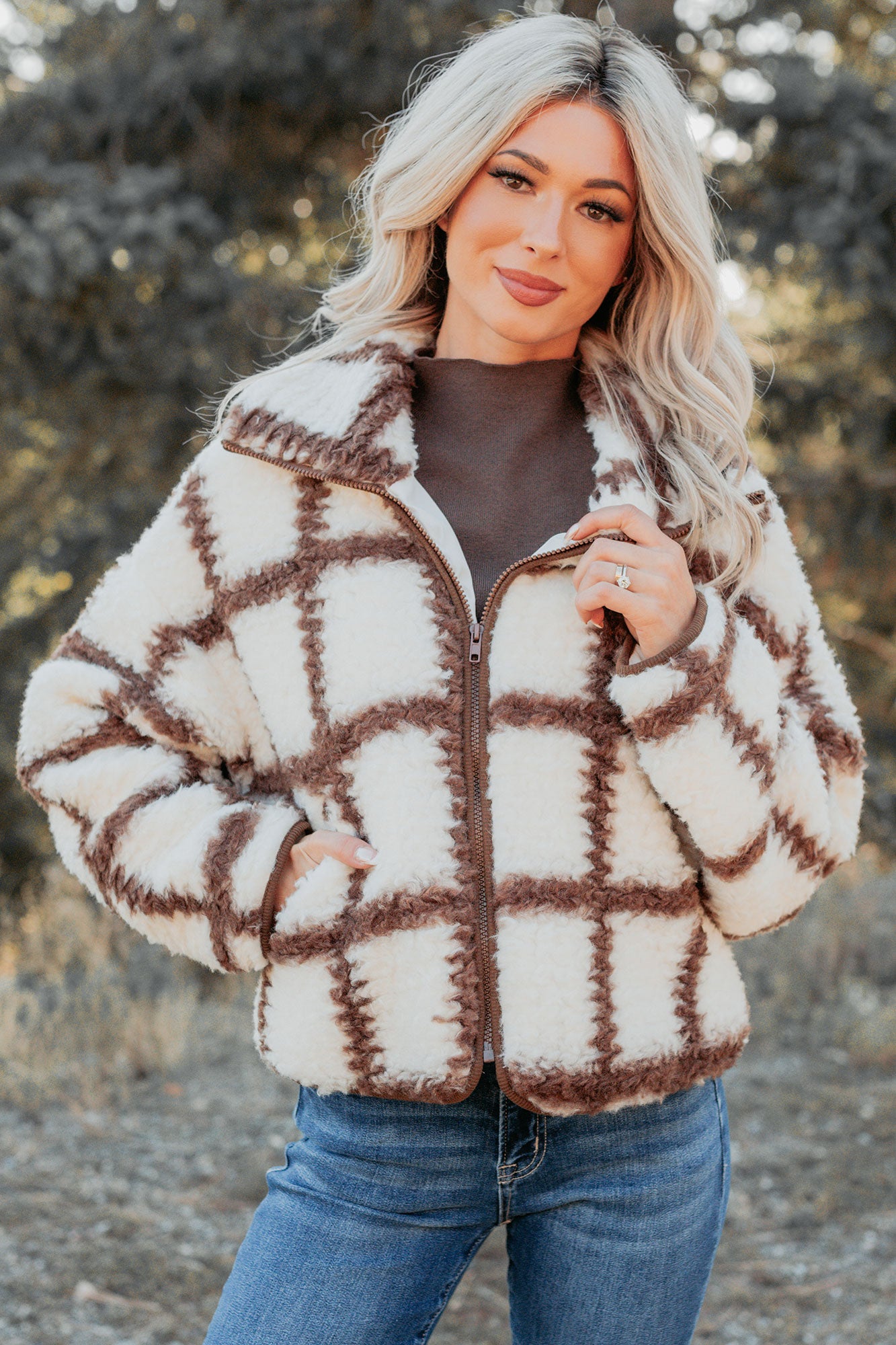 Cozy Carols Check Print Fleece Jacket (Cream/Chocolate)-The Formal Wear