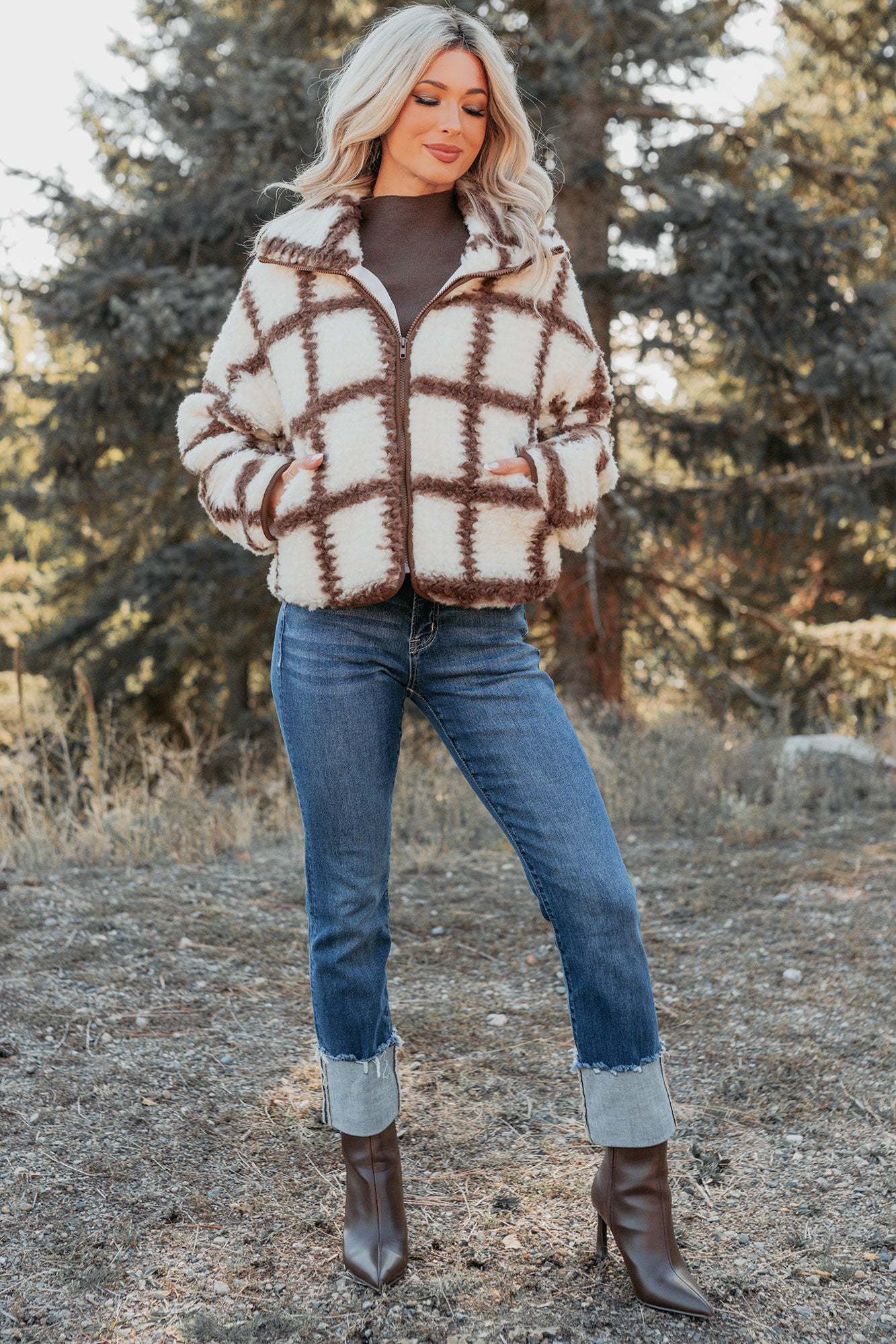 Cozy Carols Check Print Fleece Jacket (Cream/Chocolate)-The Formal Wear