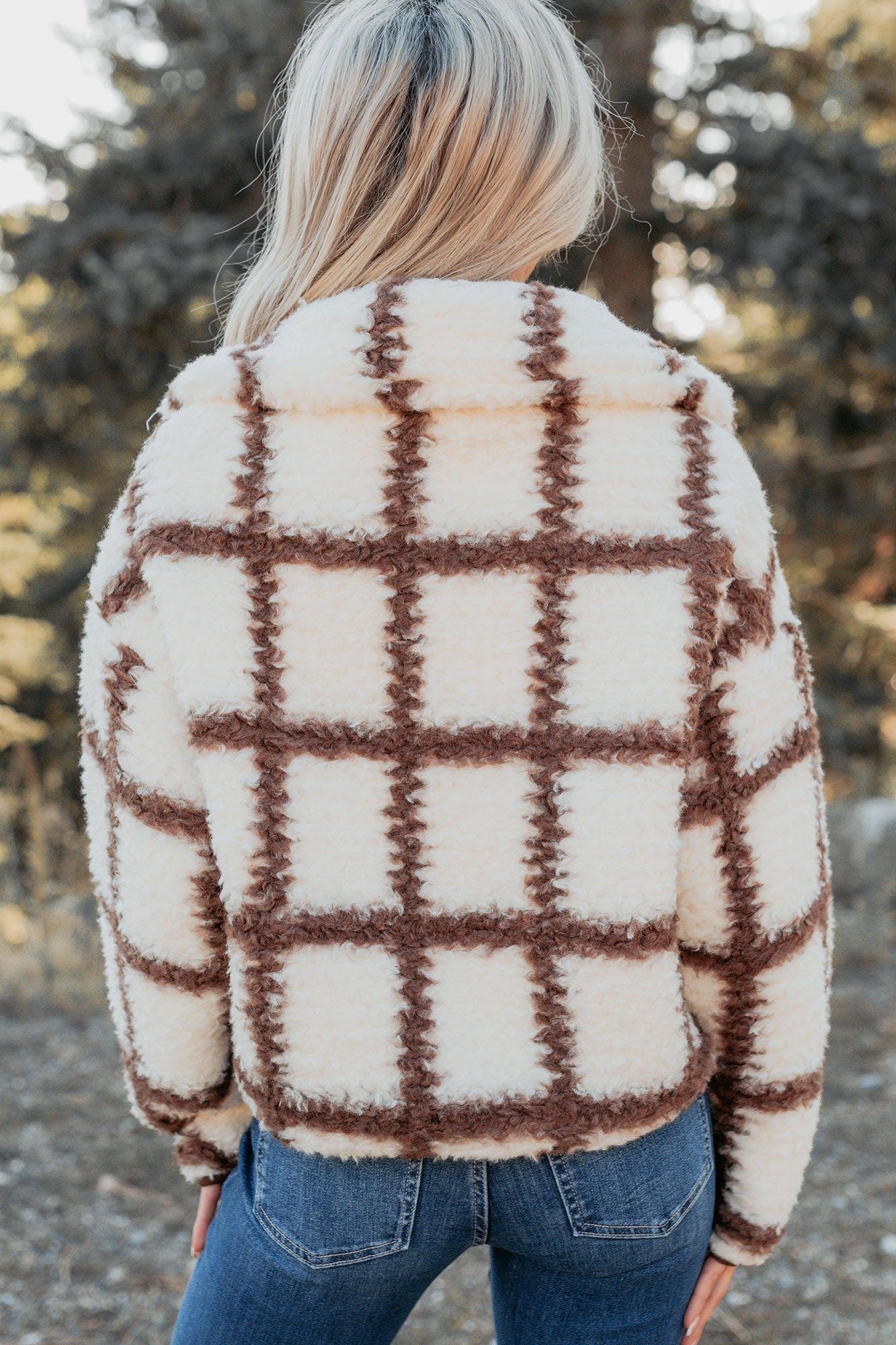 Cozy Carols Check Print Fleece Jacket (Cream/Chocolate)-The Formal Wear