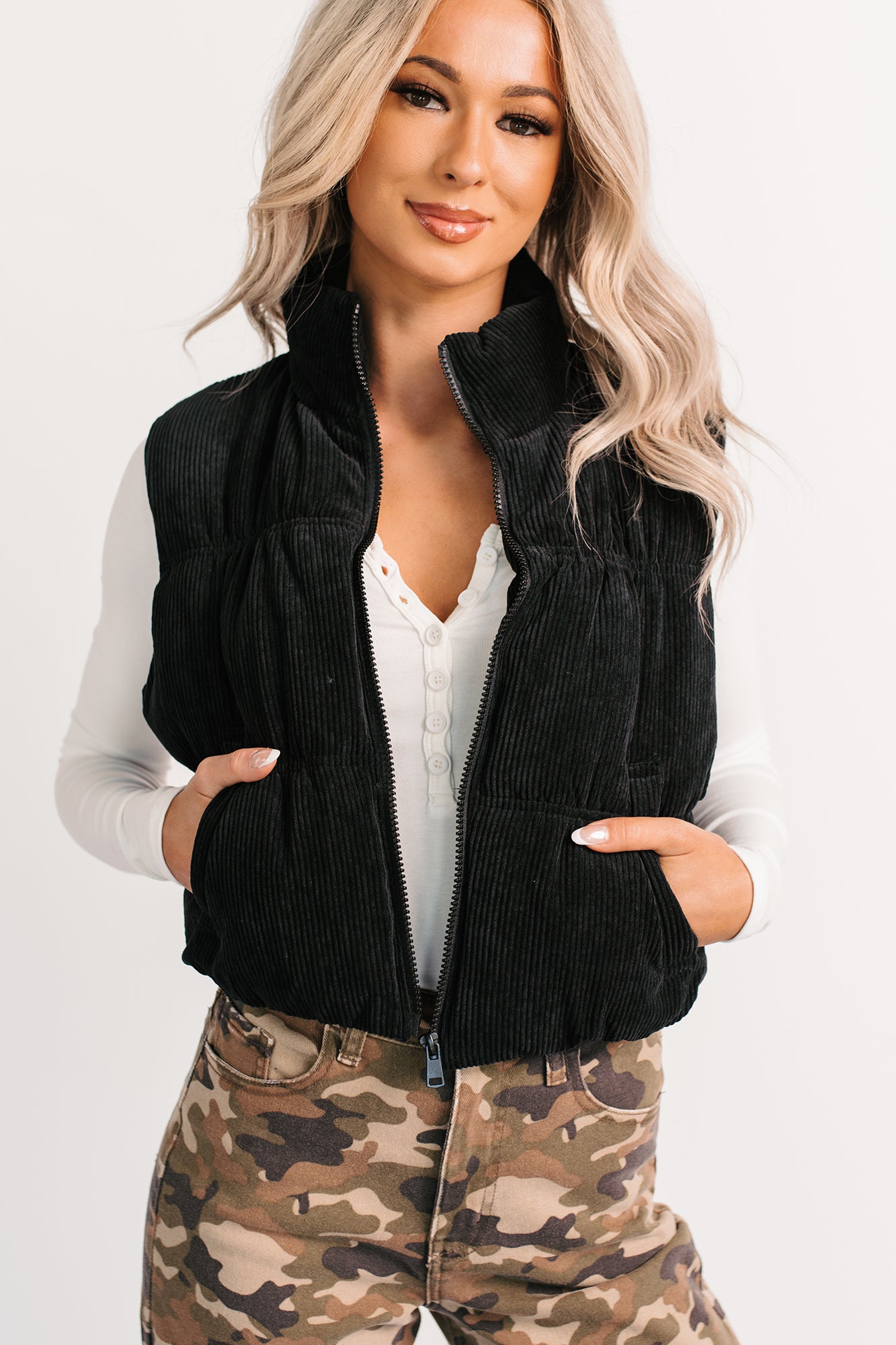 Deep Connections Corduroy Puffer Vest (Black)-The Formal Wear