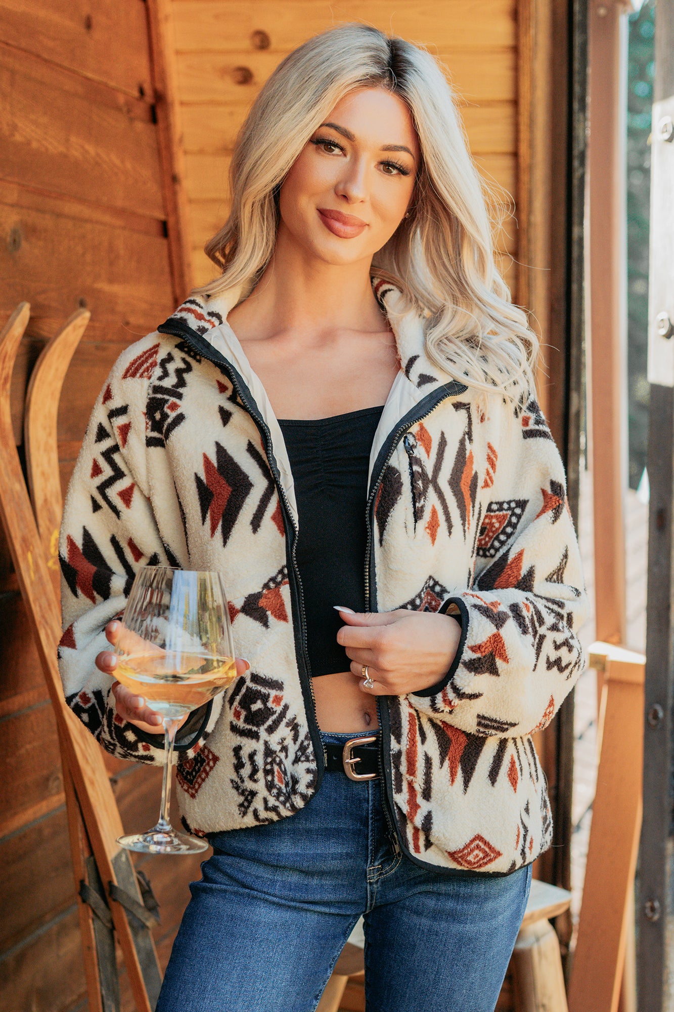 Winter Made Aztec Zip-Up Sherpa Jacket (Taupe Mix)-The Formal Wear