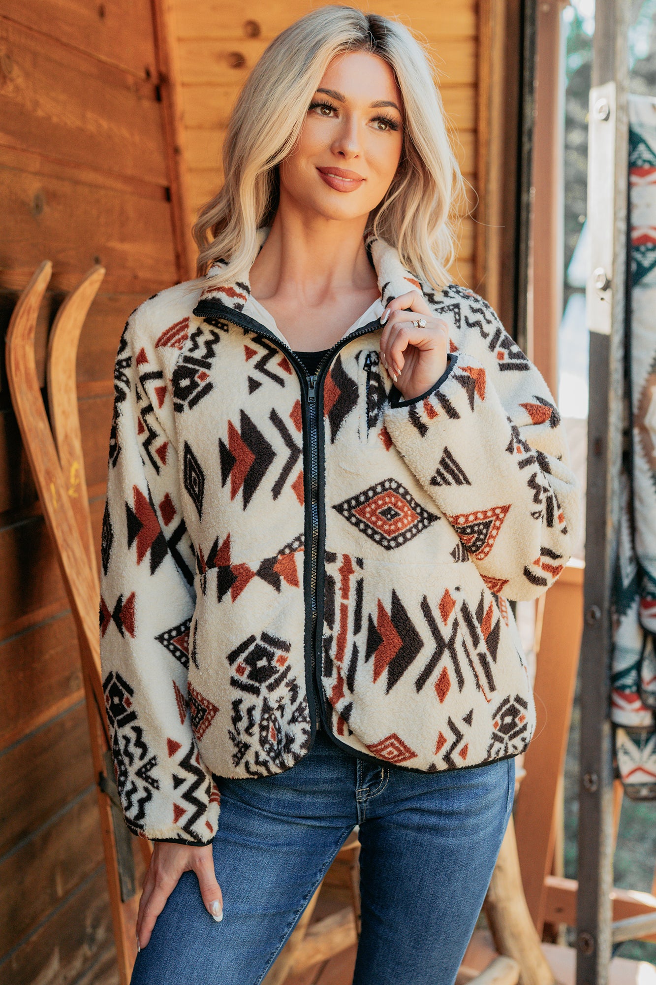 Winter Made Aztec Zip-Up Sherpa Jacket (Taupe Mix)-The Formal Wear