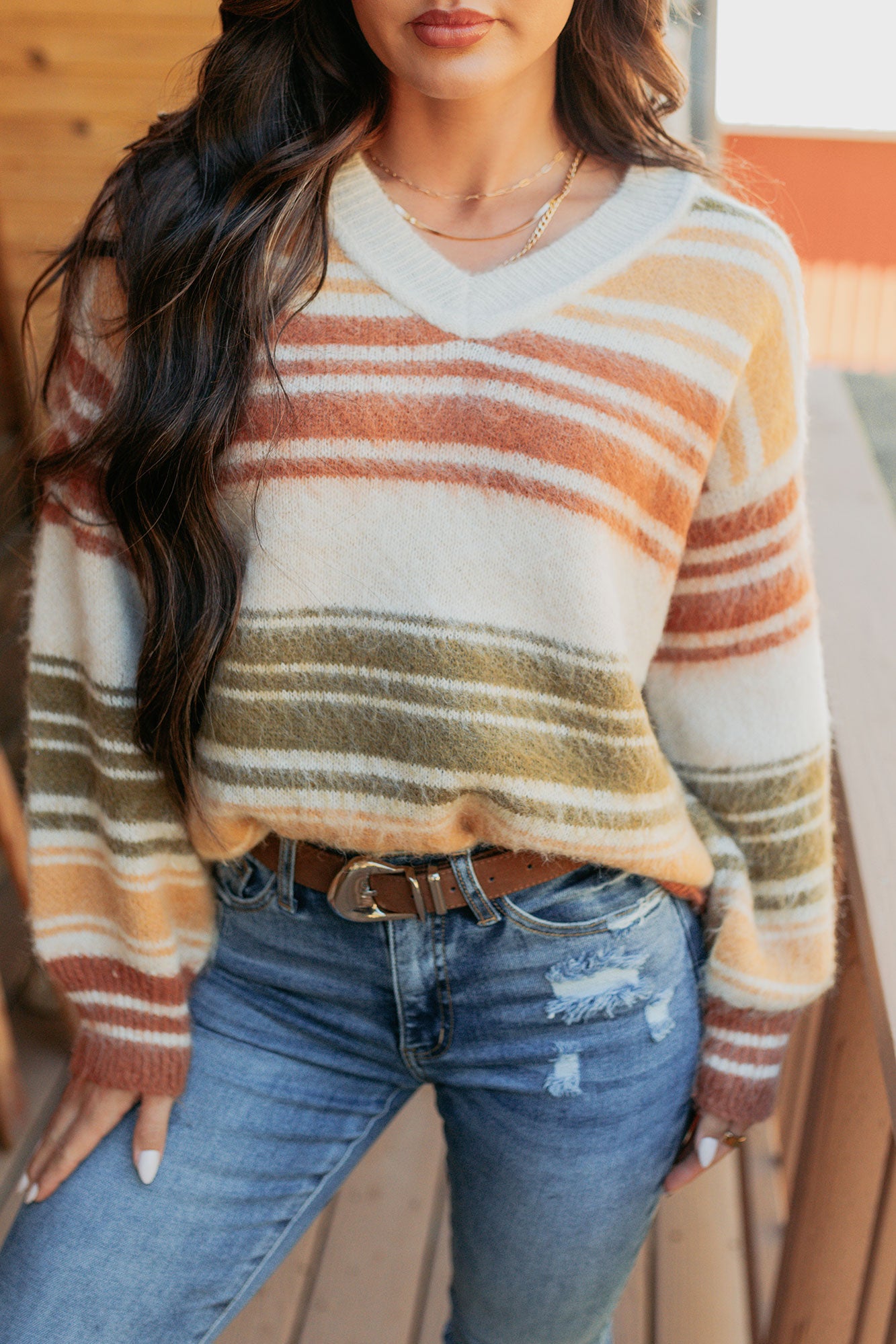 Messy Feelings V Neck Striped Knit Sweater (Multi)-The Formal Wear