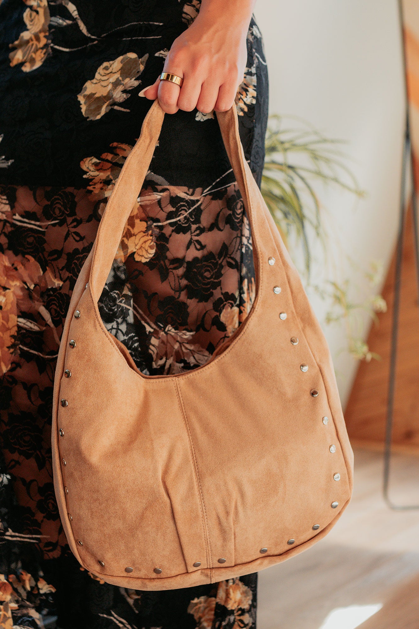 Chic Instinct Faux Suede Studded Handbag (Khaki)-The Formal Wear