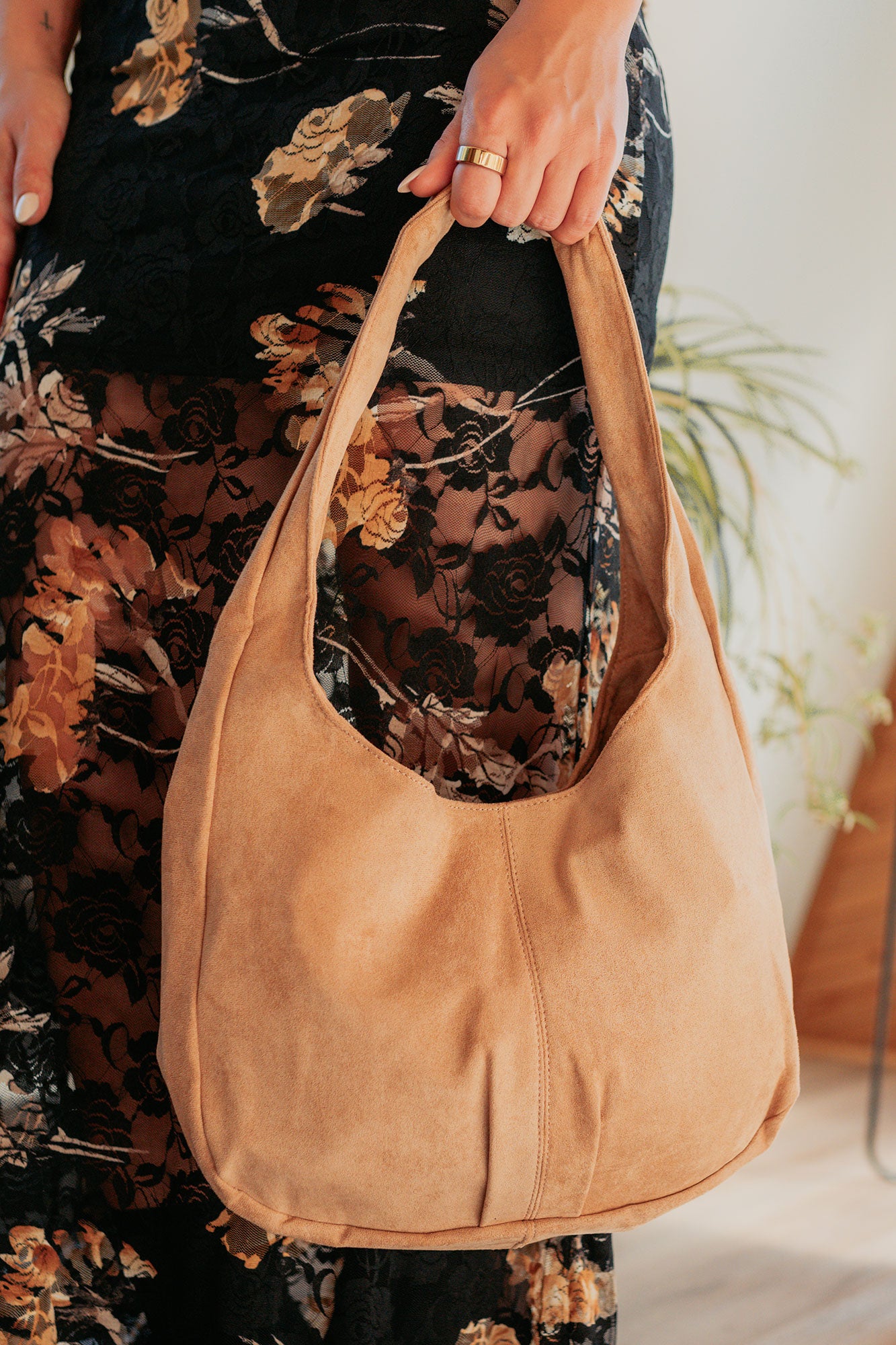 Chic Instinct Faux Suede Studded Handbag (Khaki)-The Formal Wear