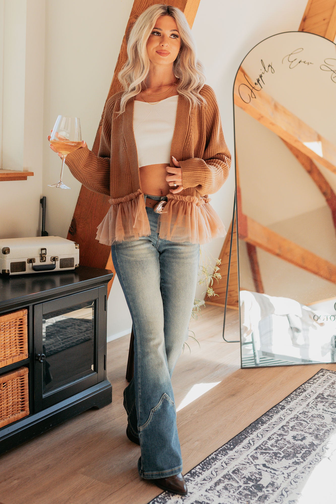 Soft Landings Tulle Hem Cable Knit Cardigan (Chocolate)-The Formal Wear