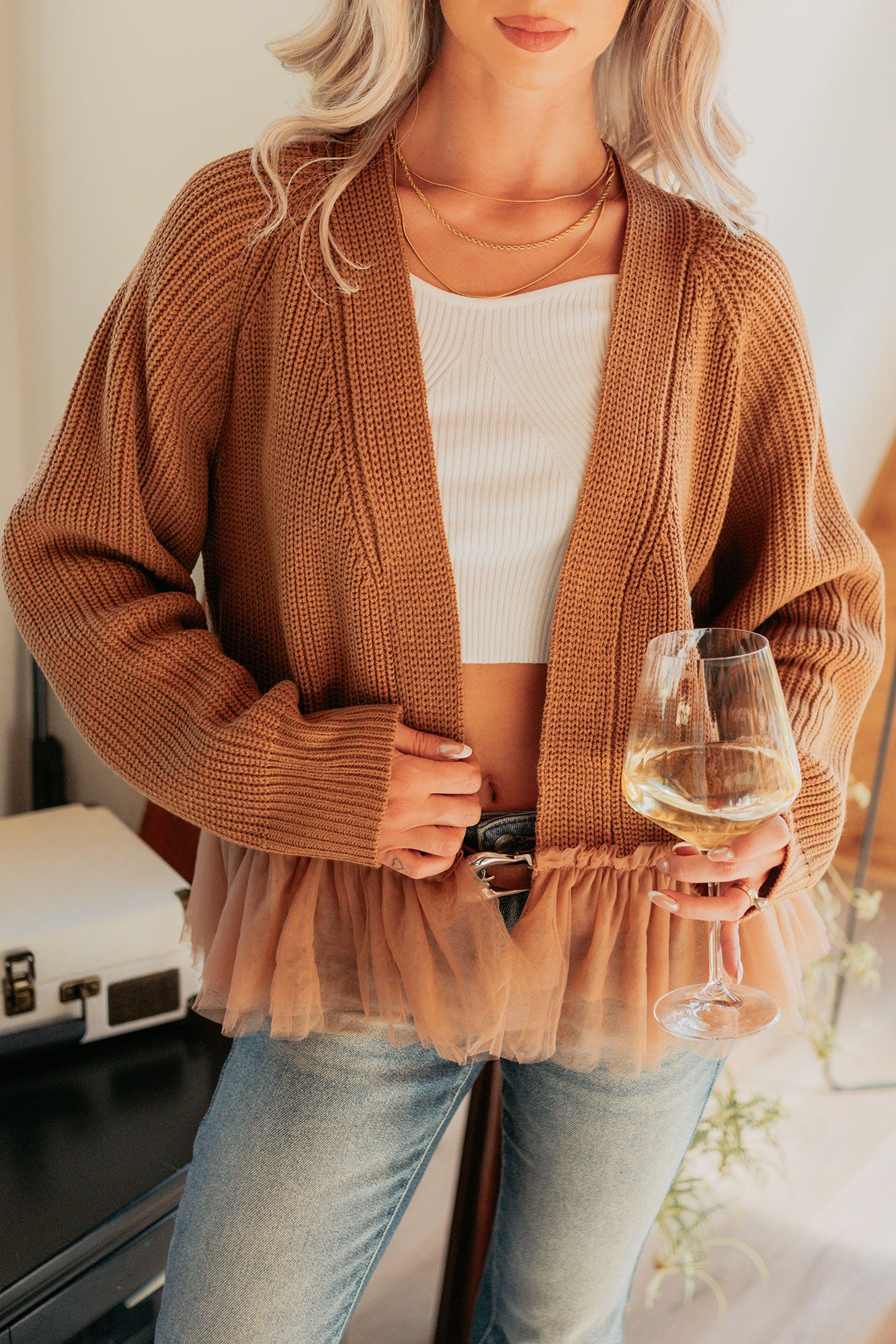 Soft Landings Tulle Hem Cable Knit Cardigan (Chocolate)-The Formal Wear