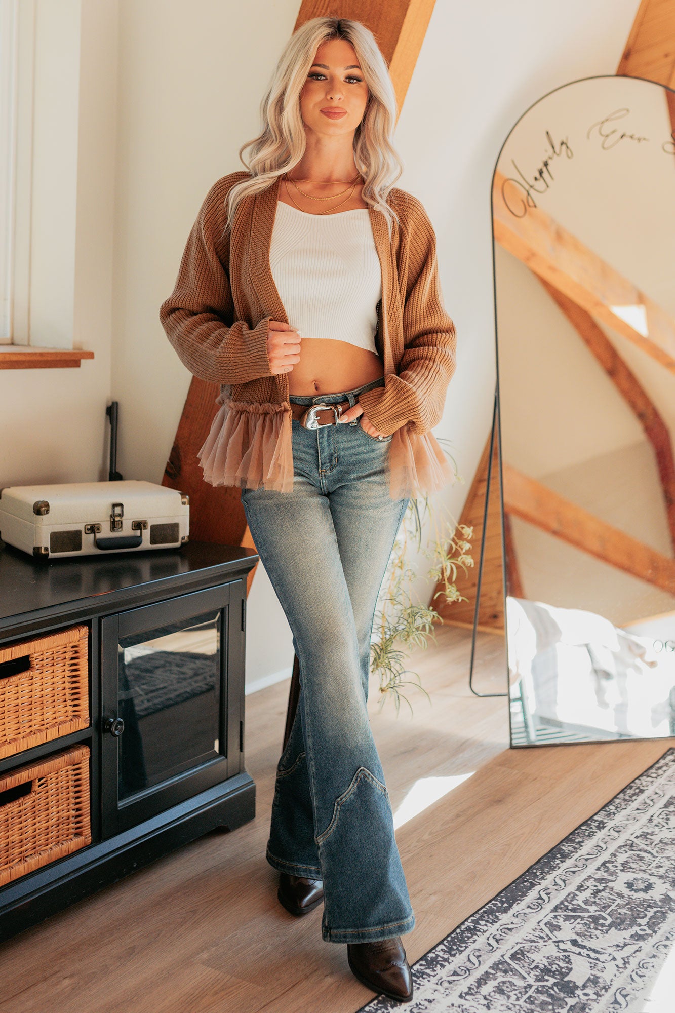 Soft Landings Tulle Hem Cable Knit Cardigan (Chocolate)-The Formal Wear