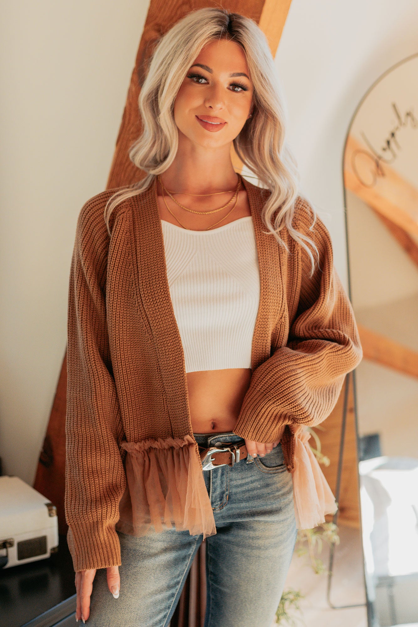 Soft Landings Tulle Hem Cable Knit Cardigan (Chocolate)-The Formal Wear