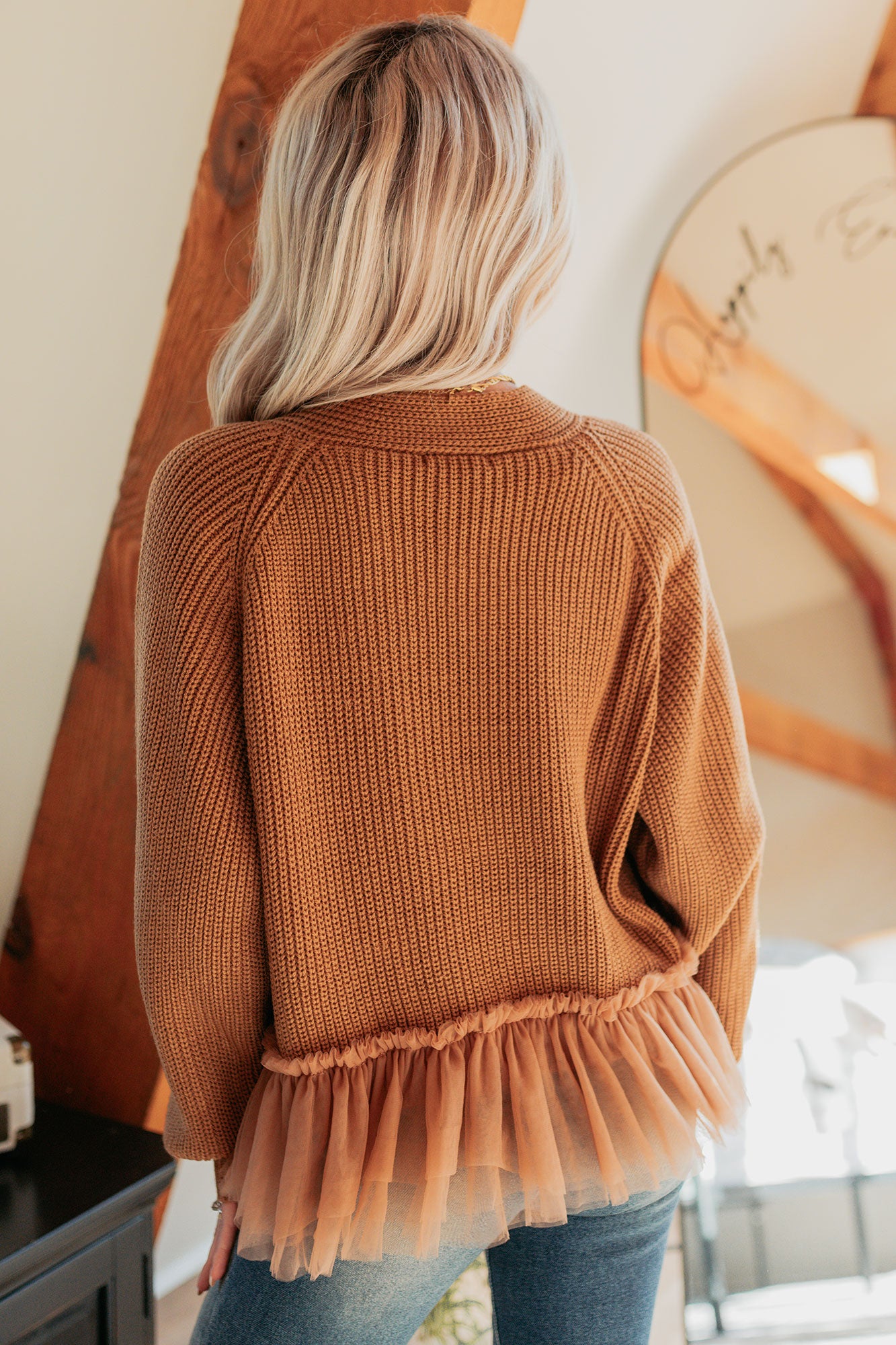 Soft Landings Tulle Hem Cable Knit Cardigan (Chocolate)-The Formal Wear