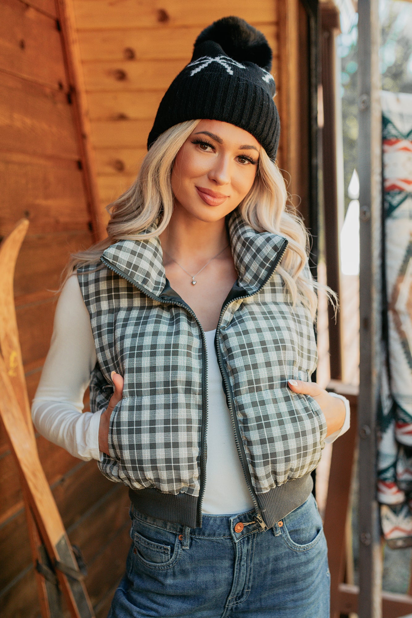 Polished Presence Plaid Puffer Vest (Olive)-The Formal Wear