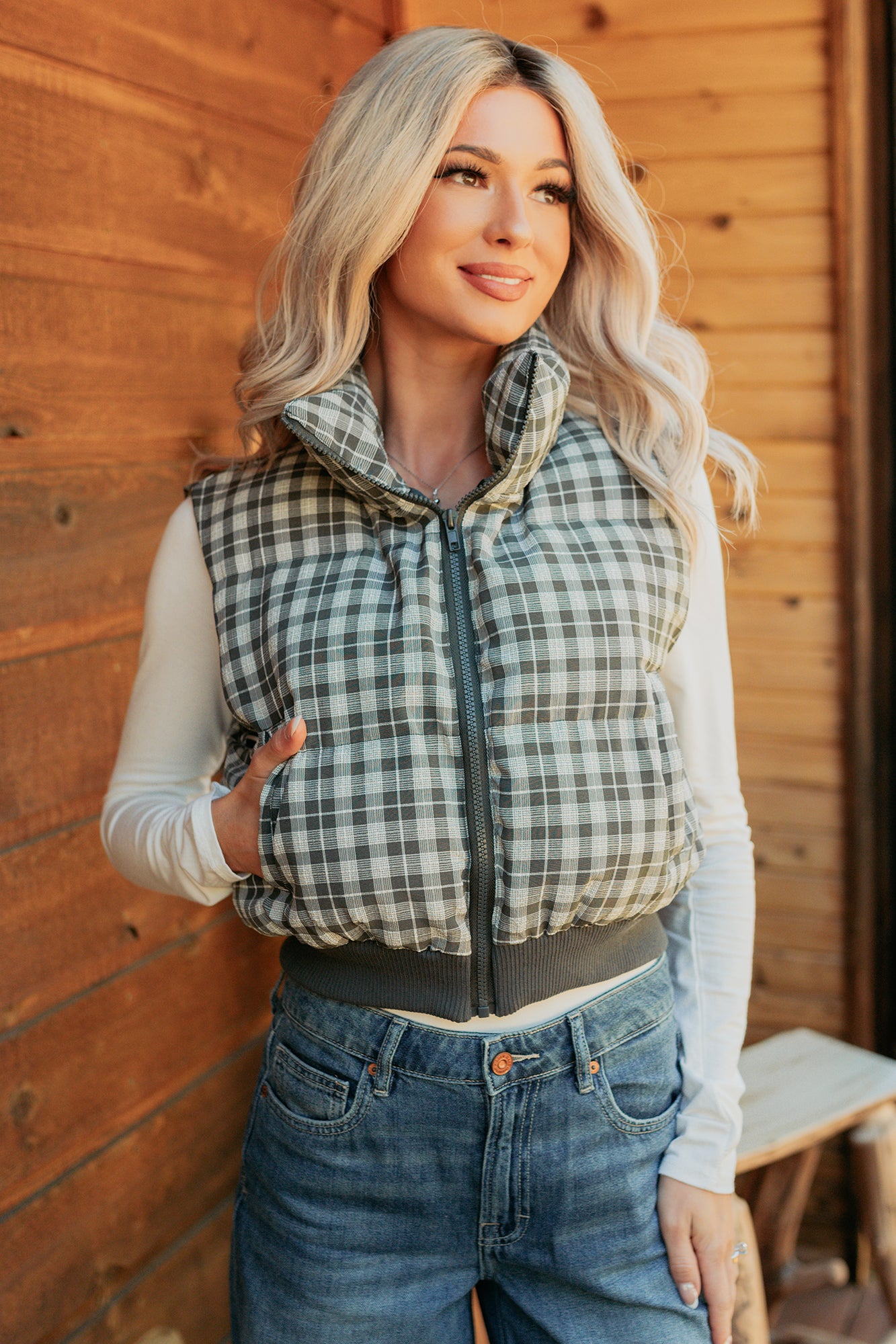 Polished Presence Plaid Puffer Vest (Olive)-The Formal Wear