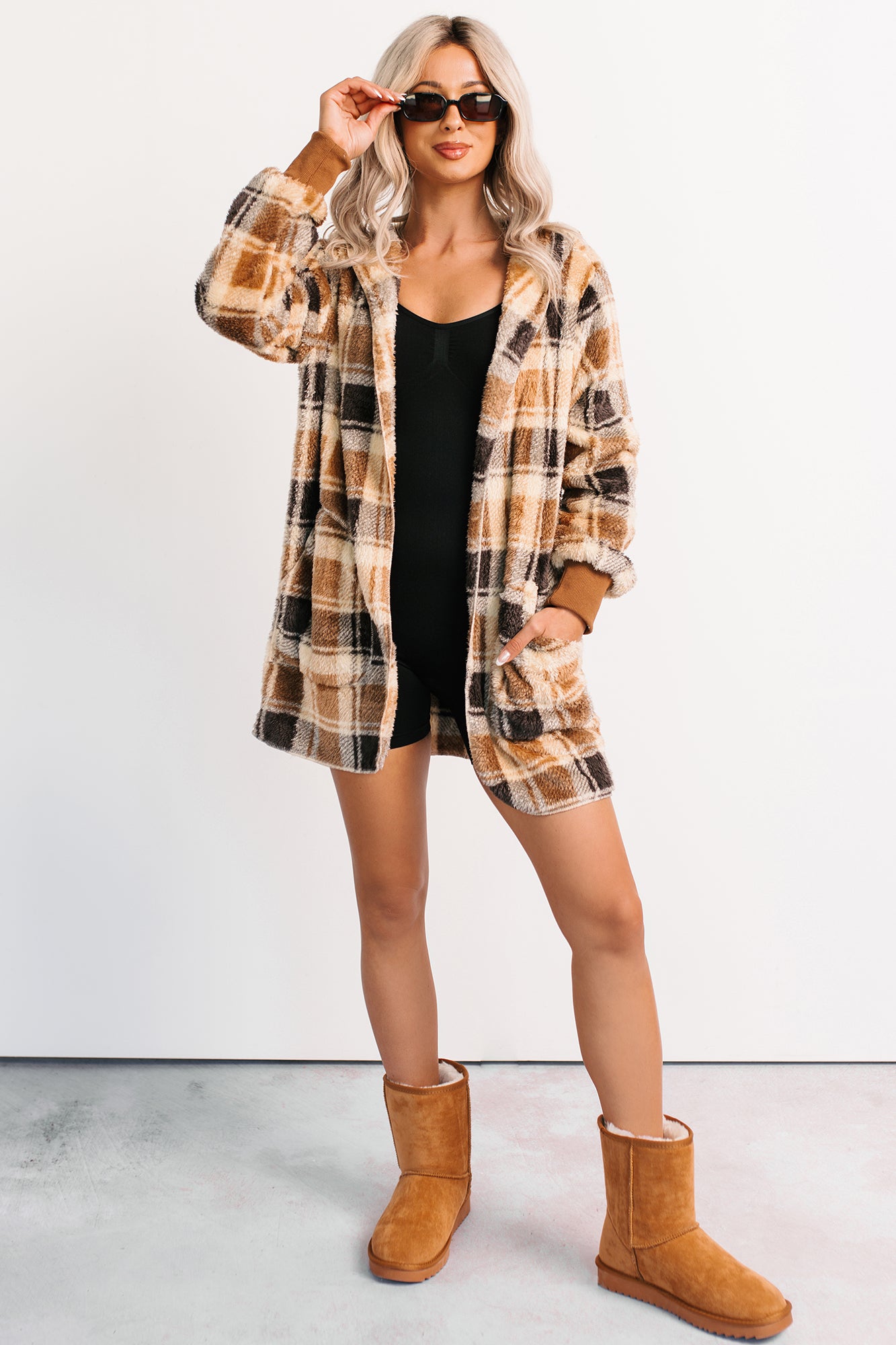 No Off Days Plaid Print Fur Hoodie Cardigan (Camel Mix)-The Formal Wear