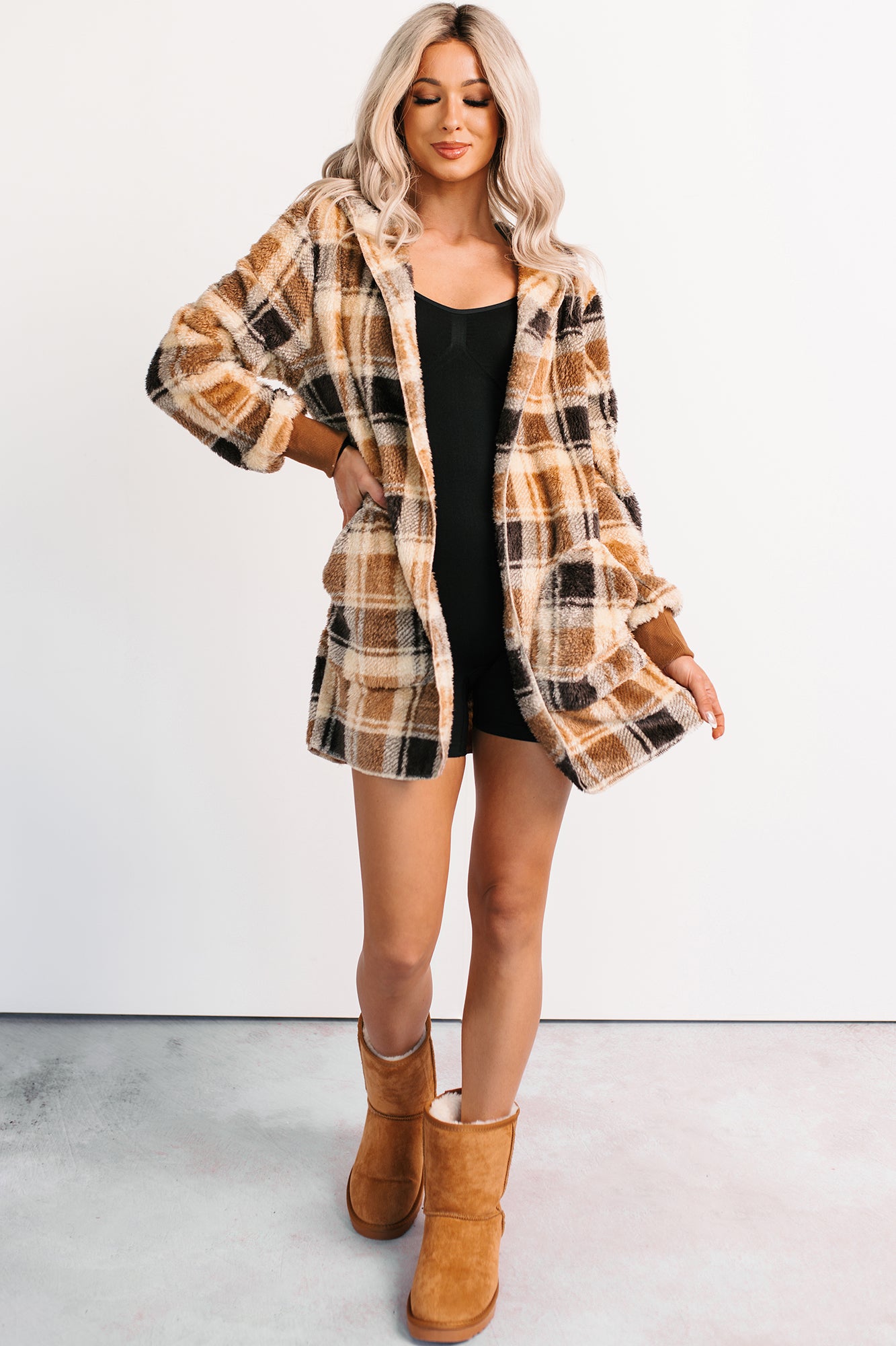 No Off Days Plaid Print Fur Hoodie Cardigan (Camel Mix)-The Formal Wear