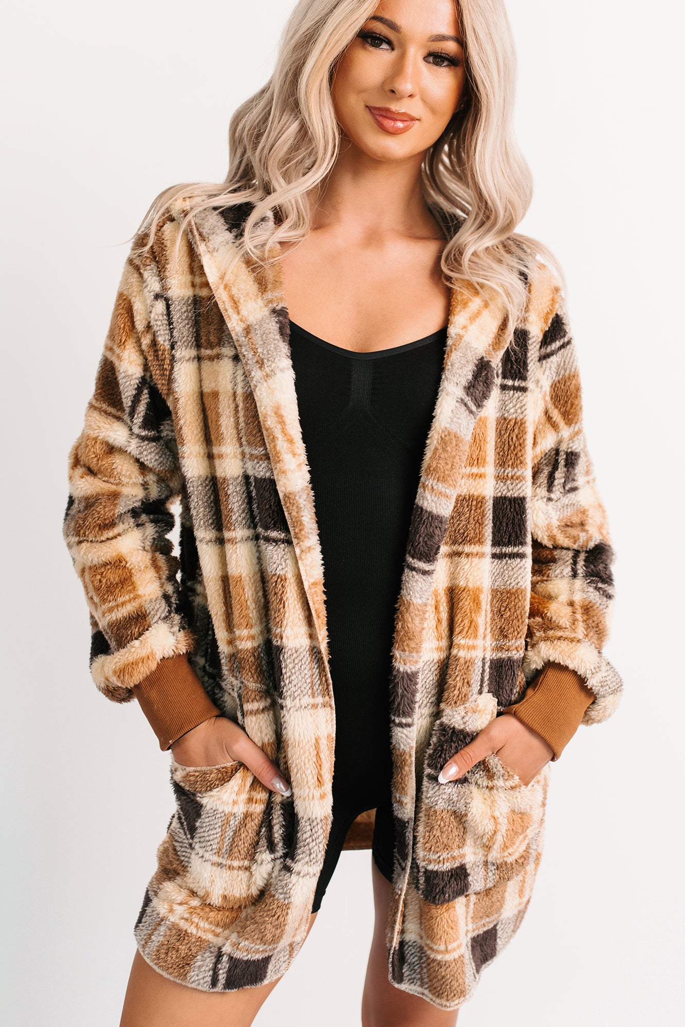 No Off Days Plaid Print Fur Hoodie Cardigan (Camel Mix)-The Formal Wear