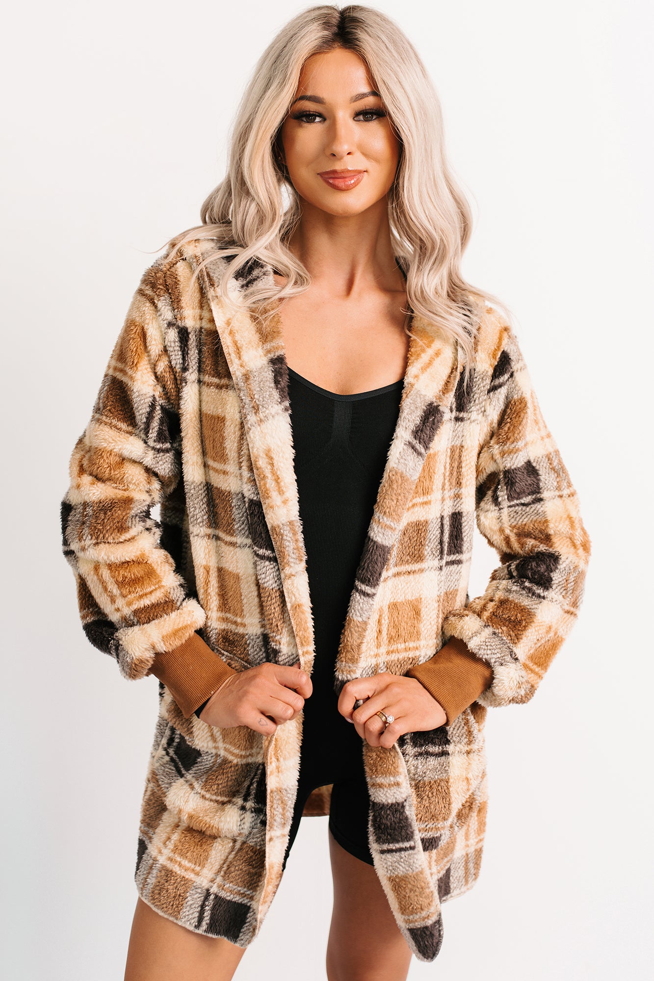 No Off Days Plaid Print Fur Hoodie Cardigan (Camel Mix)-The Formal Wear