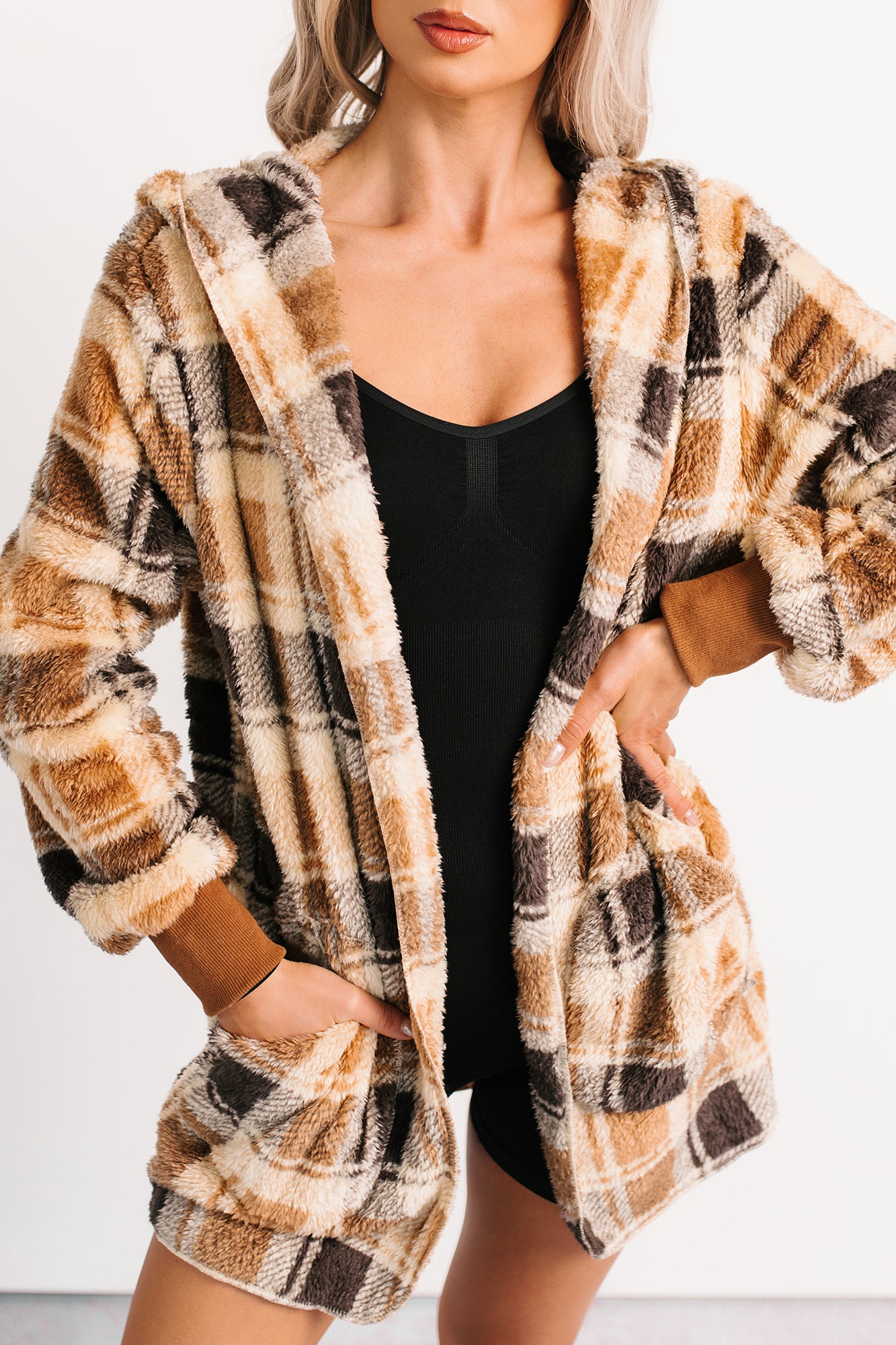 No Off Days Plaid Print Fur Hoodie Cardigan (Camel Mix)-The Formal Wear
