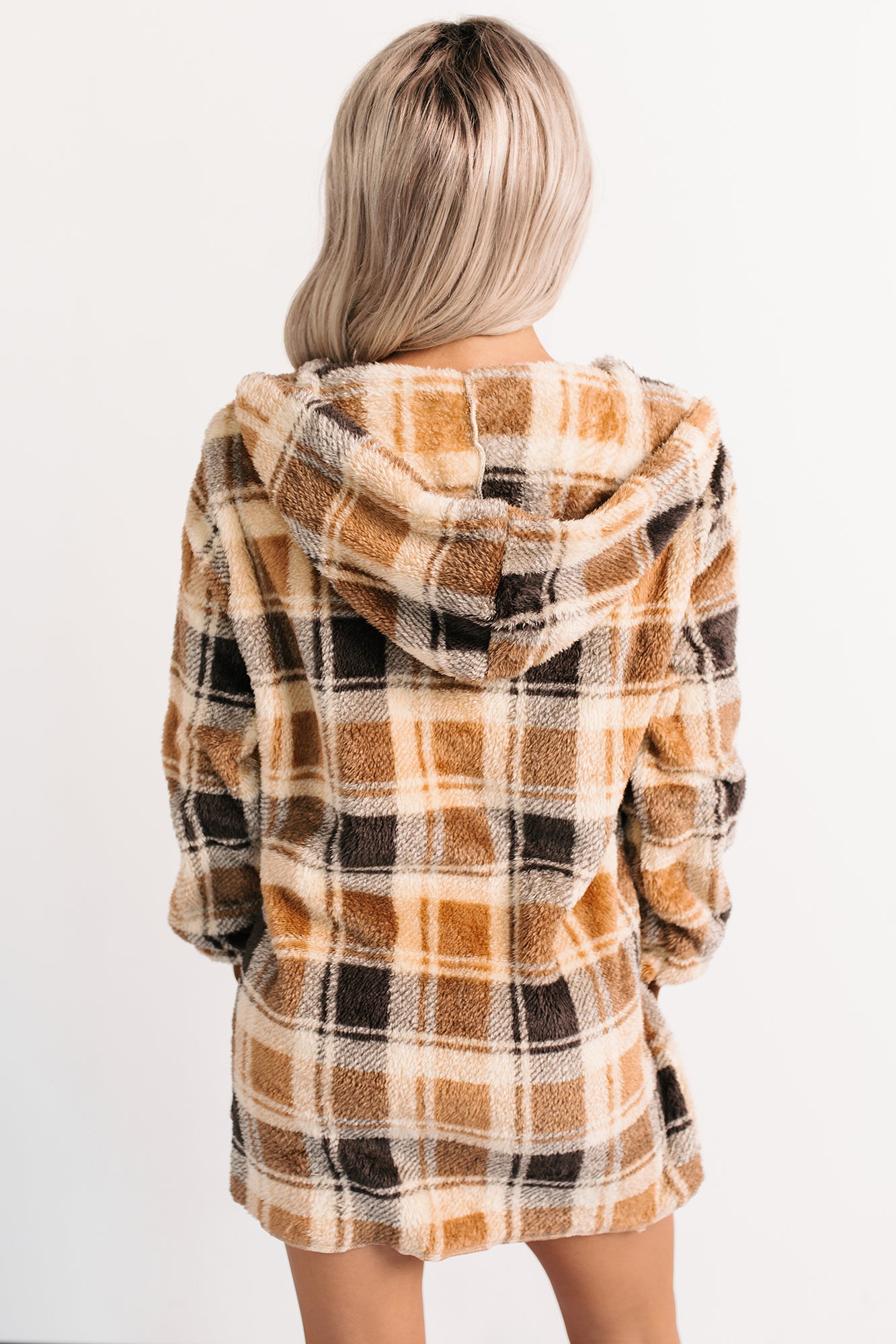 No Off Days Plaid Print Fur Hoodie Cardigan (Camel Mix)-The Formal Wear