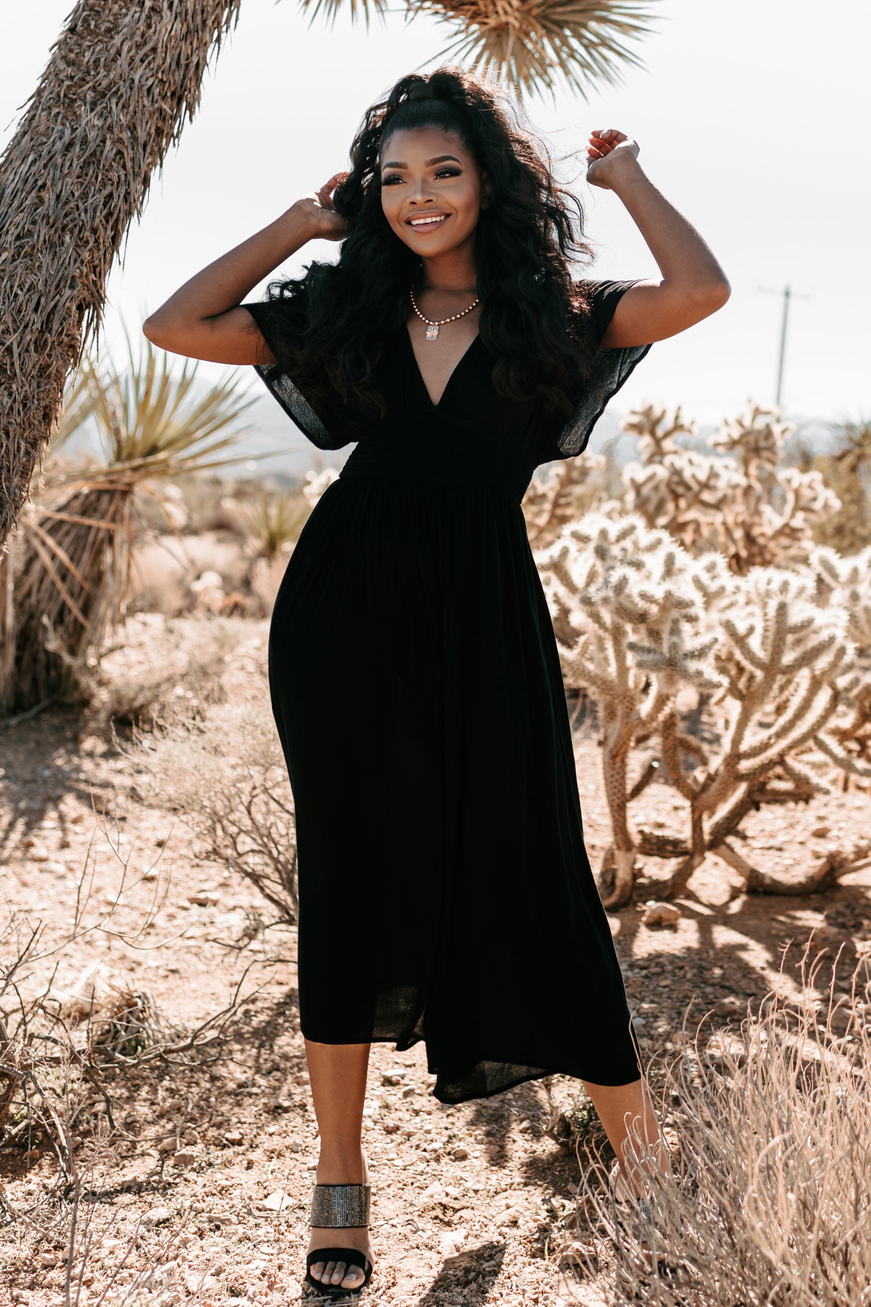 Casting Shadows Smocked Waist Maxi Dress (Black)-The Formal Wear