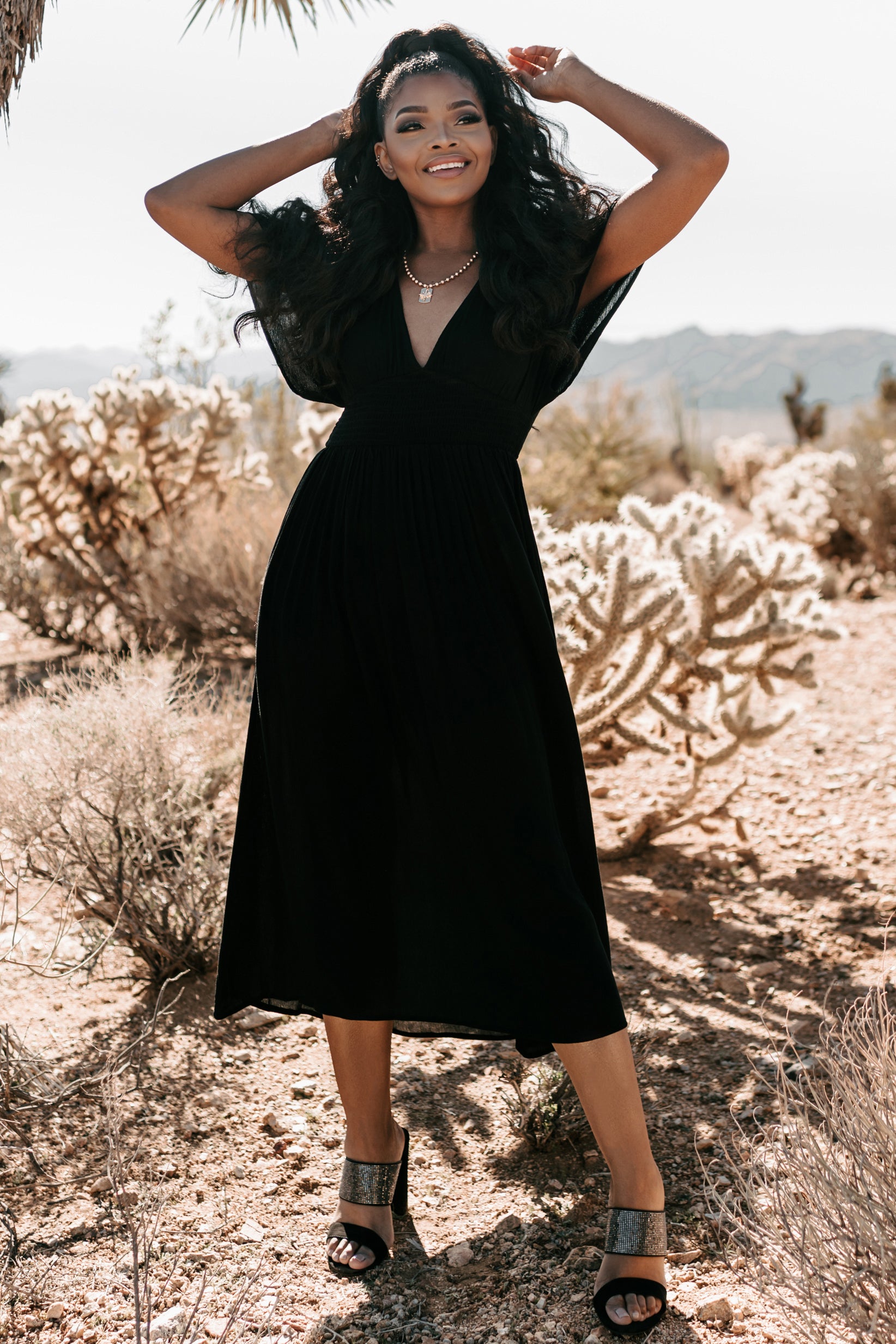 Casting Shadows Smocked Waist Maxi Dress (Black)-The Formal Wear