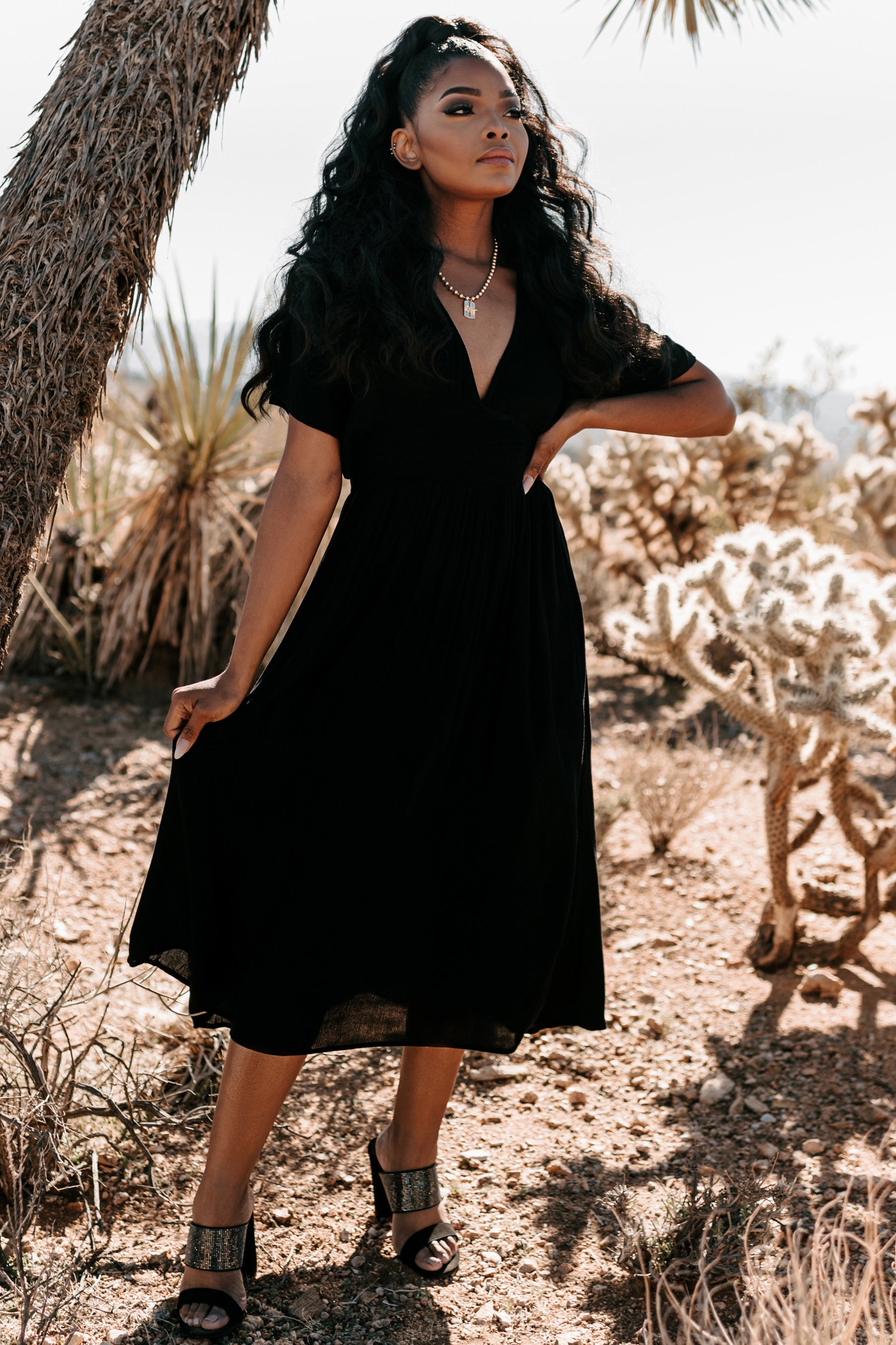 Casting Shadows Smocked Waist Maxi Dress (Black)-The Formal Wear