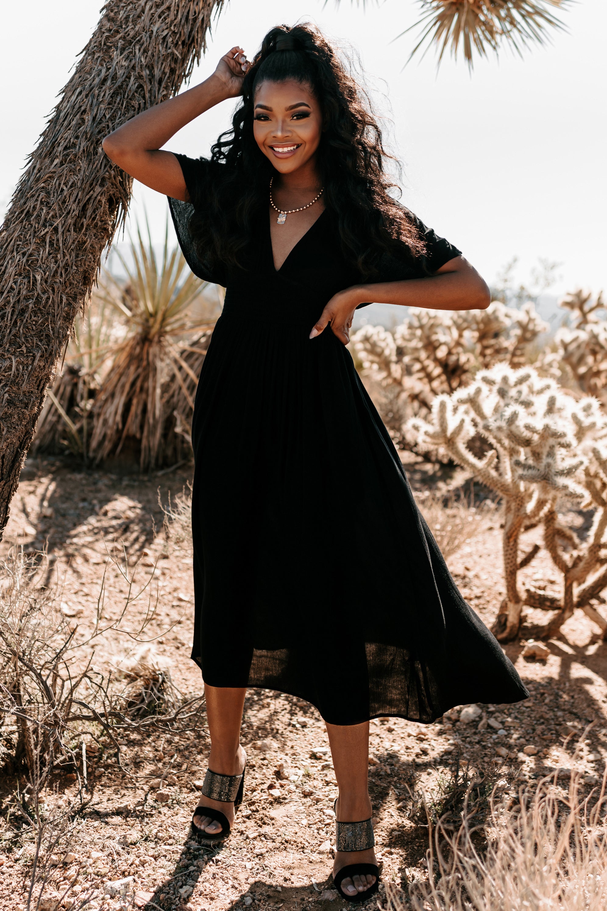 Casting Shadows Smocked Waist Maxi Dress (Black)-The Formal Wear