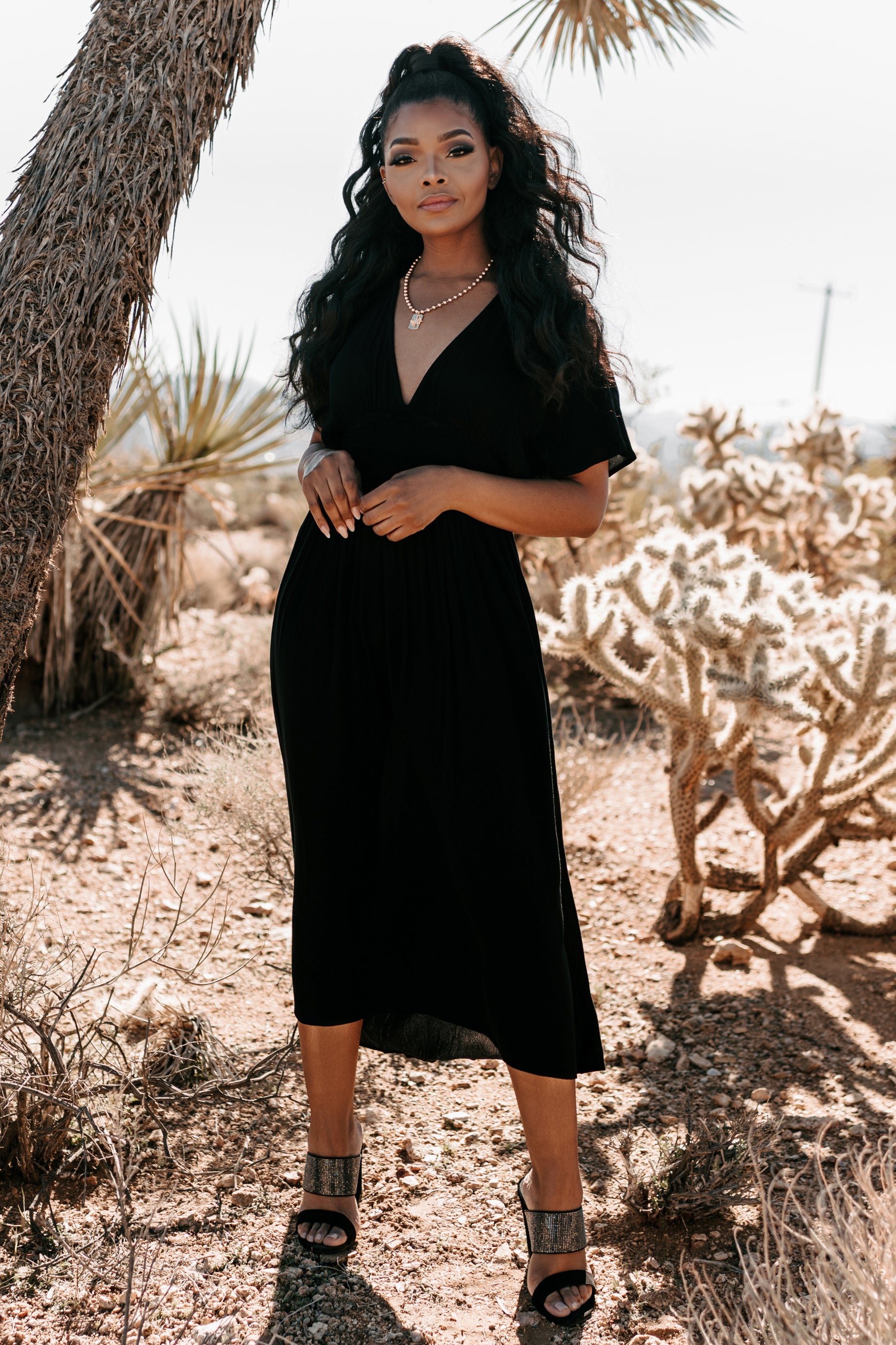 Casting Shadows Smocked Waist Maxi Dress (Black)-The Formal Wear