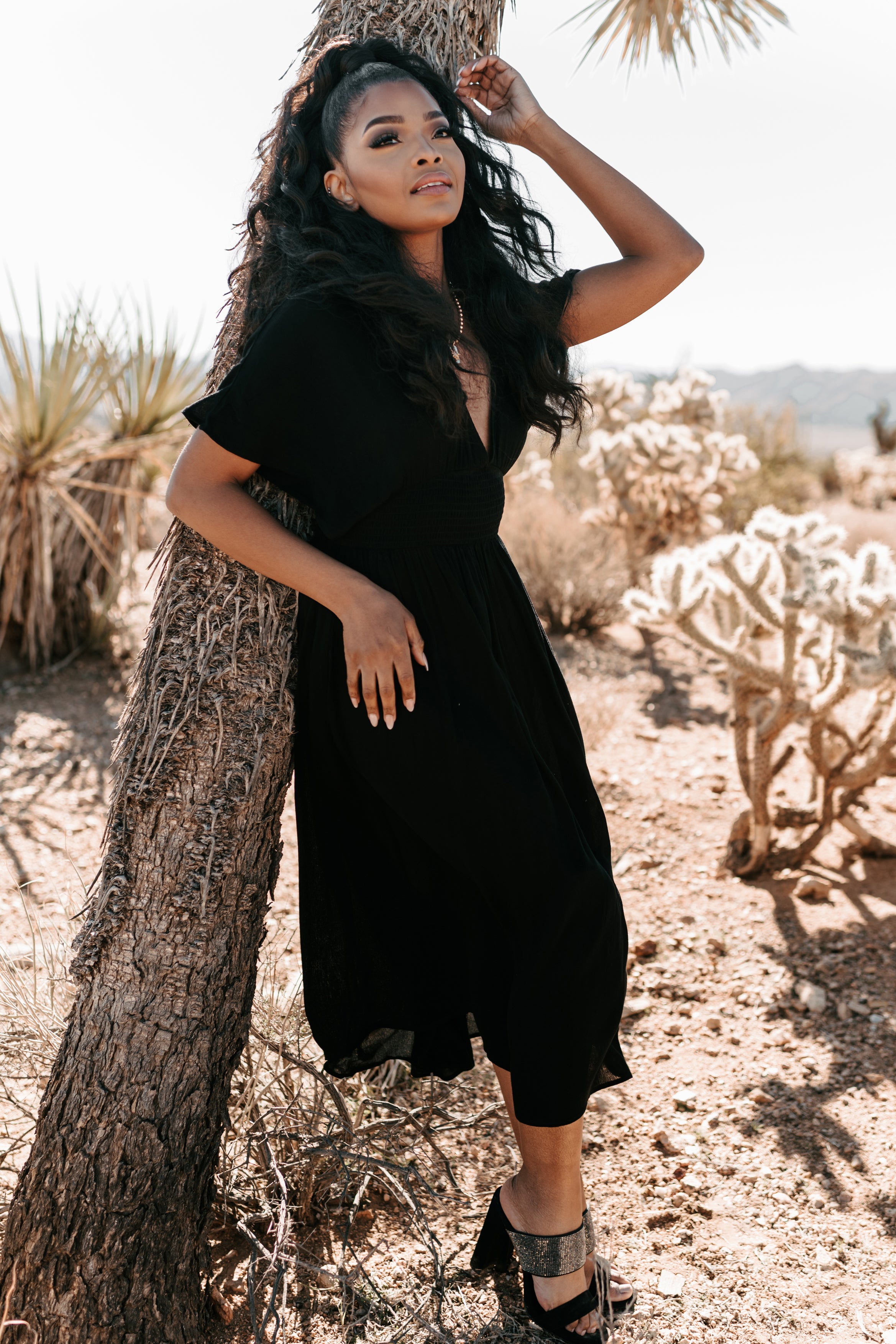 Casting Shadows Smocked Waist Maxi Dress (Black)-The Formal Wear