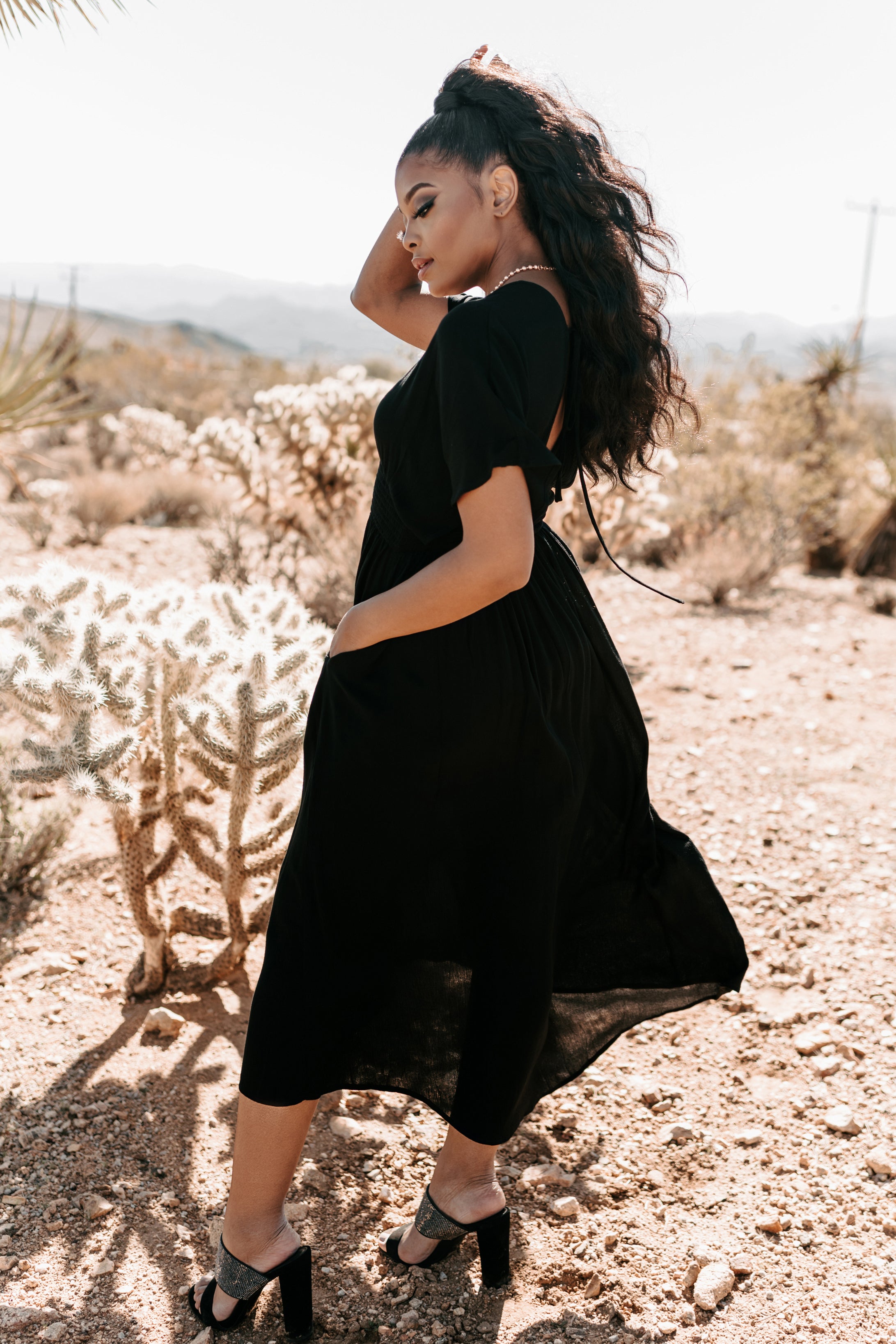 Casting Shadows Smocked Waist Maxi Dress (Black)-The Formal Wear