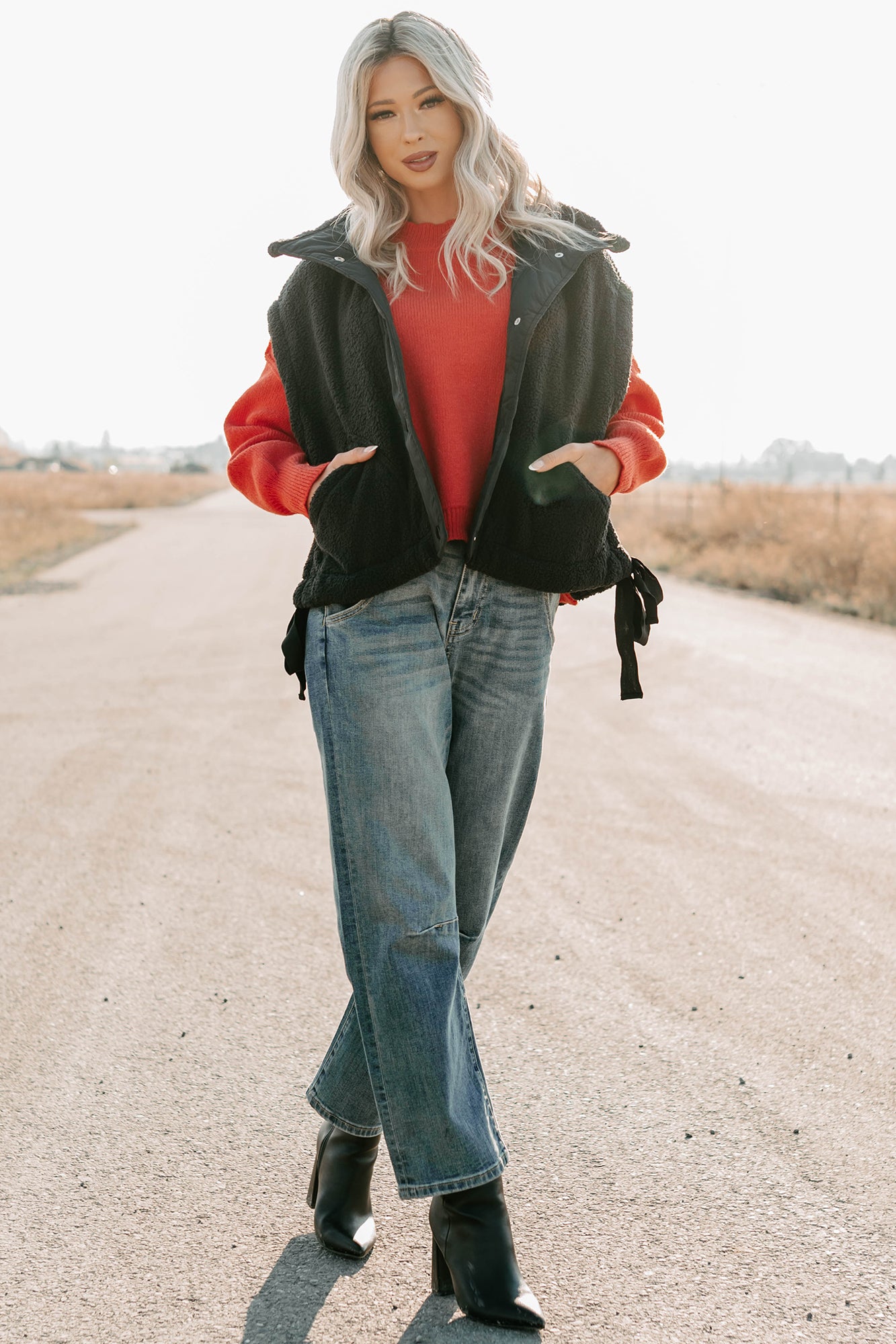 Dream Ahead Fleece Side Tie Vest (Black)-The Formal Wear