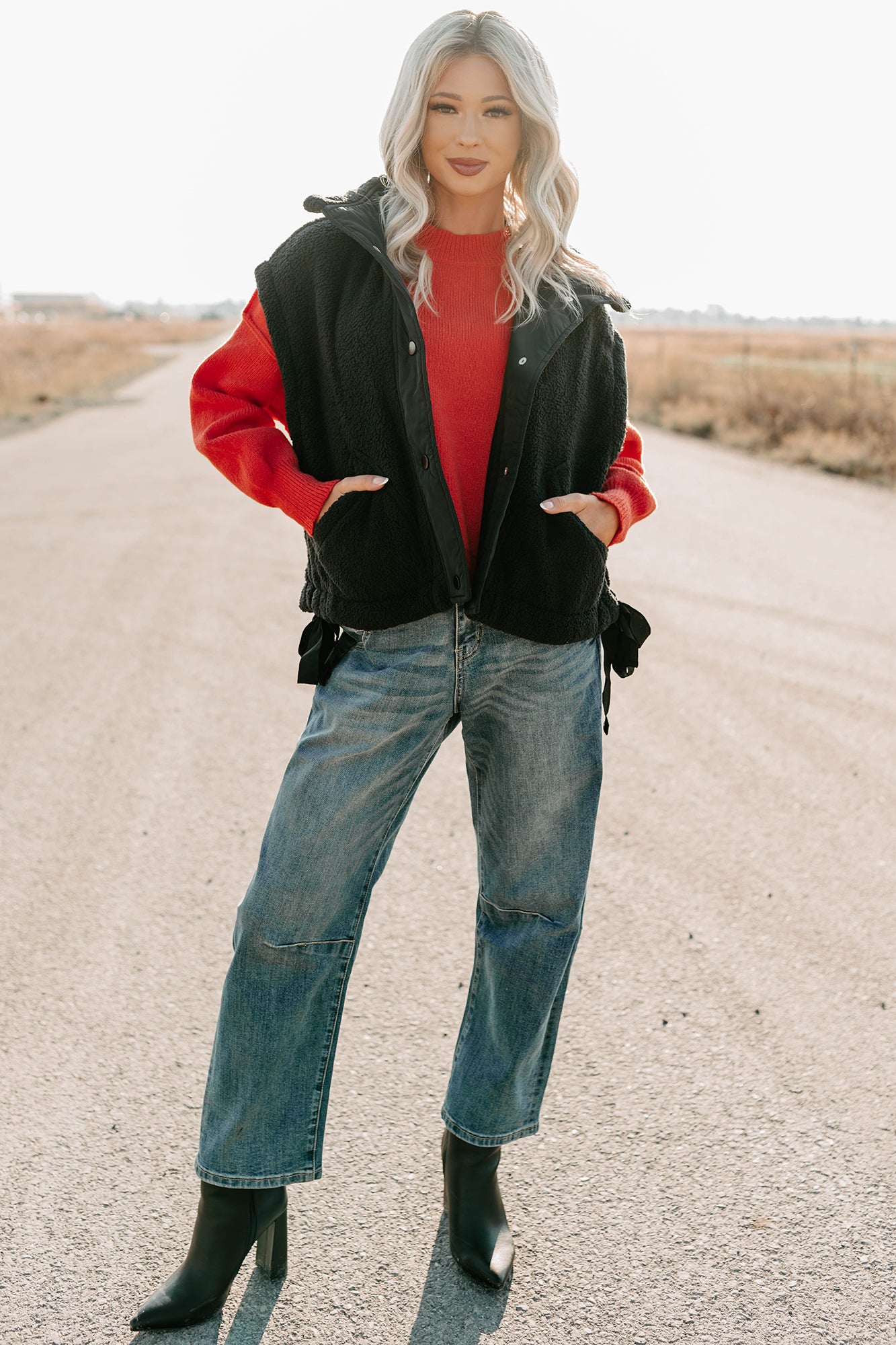 Dream Ahead Fleece Side Tie Vest (Black)-The Formal Wear